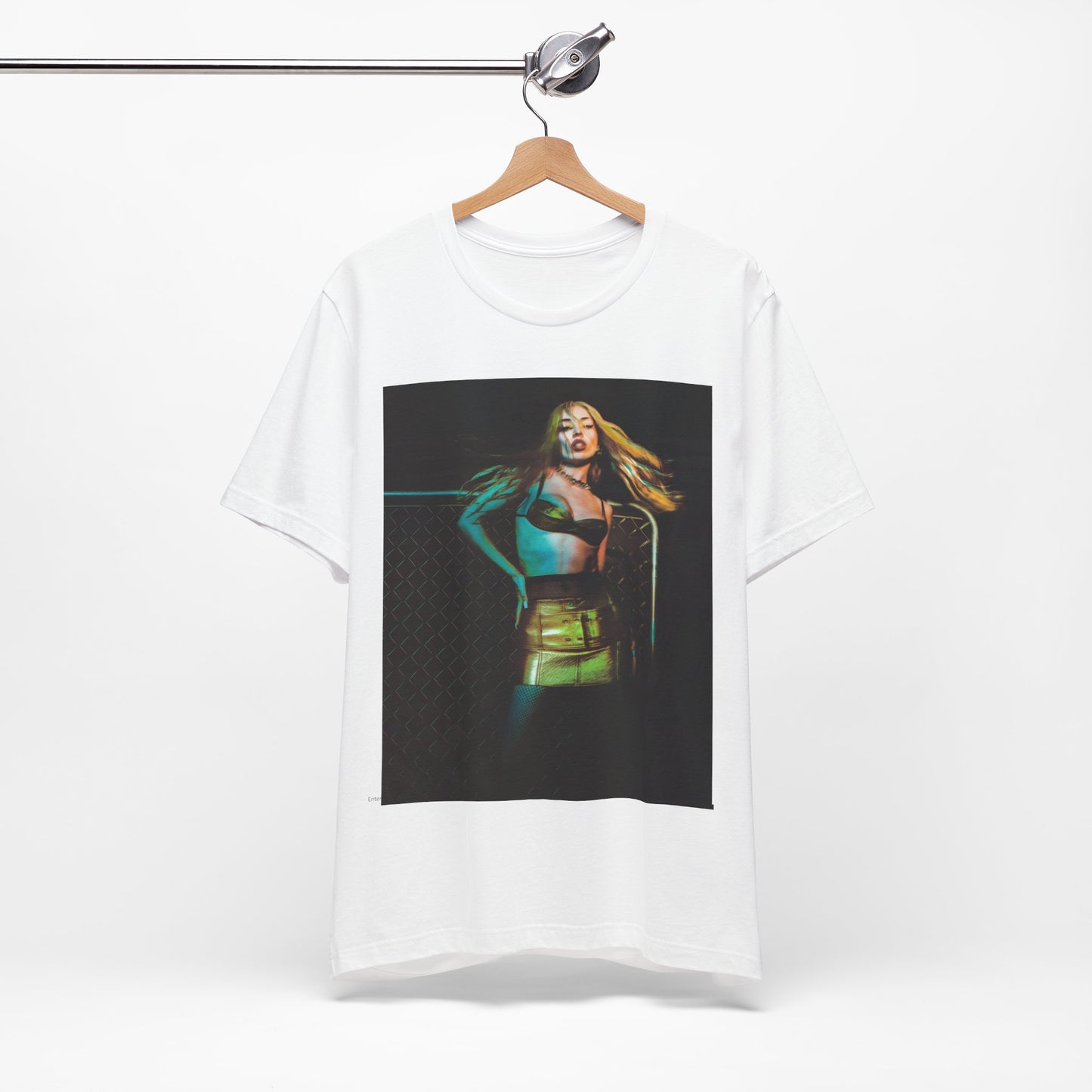 A black graphic t-shirt featuring a neon pop art style graphic of Ava Max, with bright, glowing colors and possibly a 'Pop Queen' title.