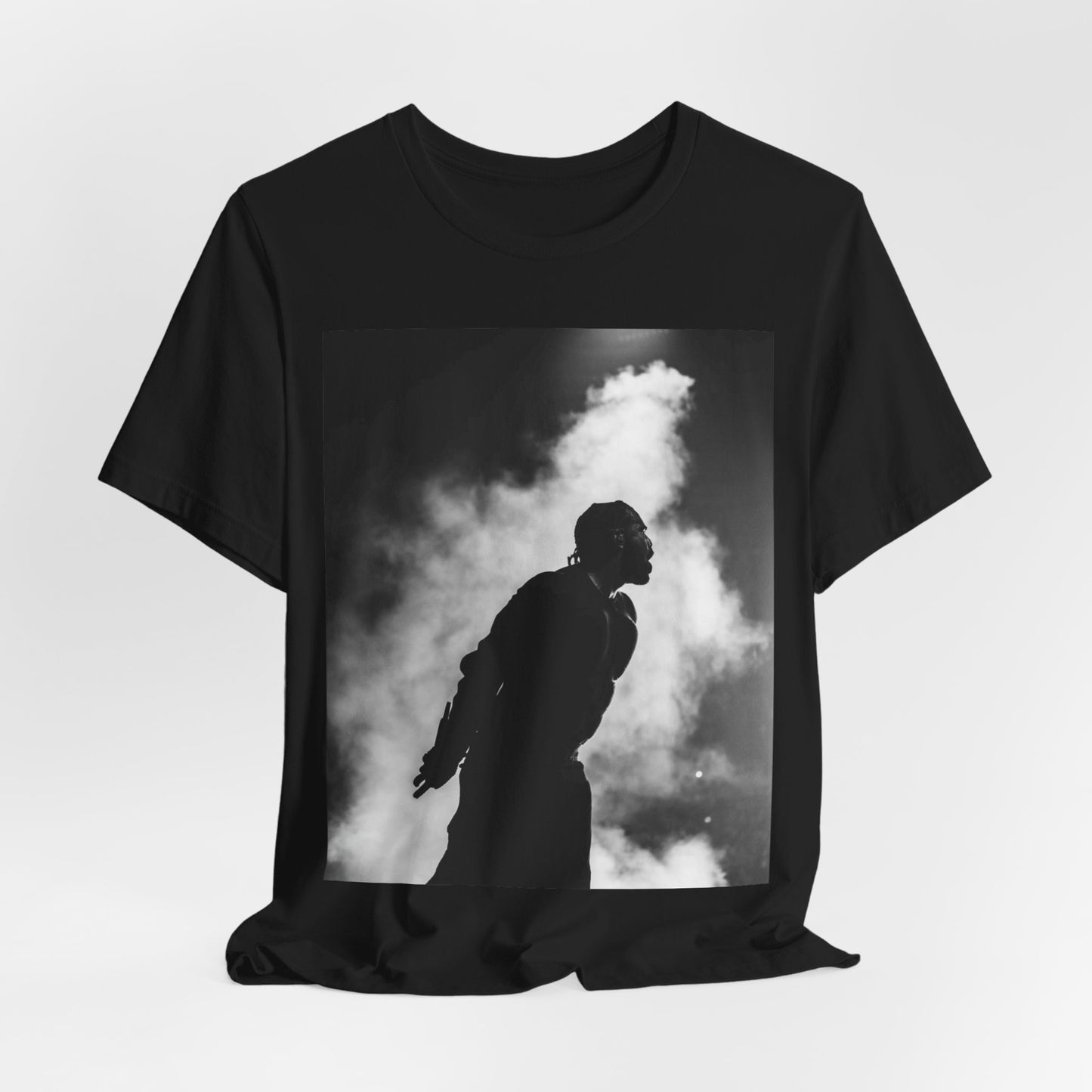 A black graphic t-shirt featuring a timeless black and white graphic or photo portrait of Drake.