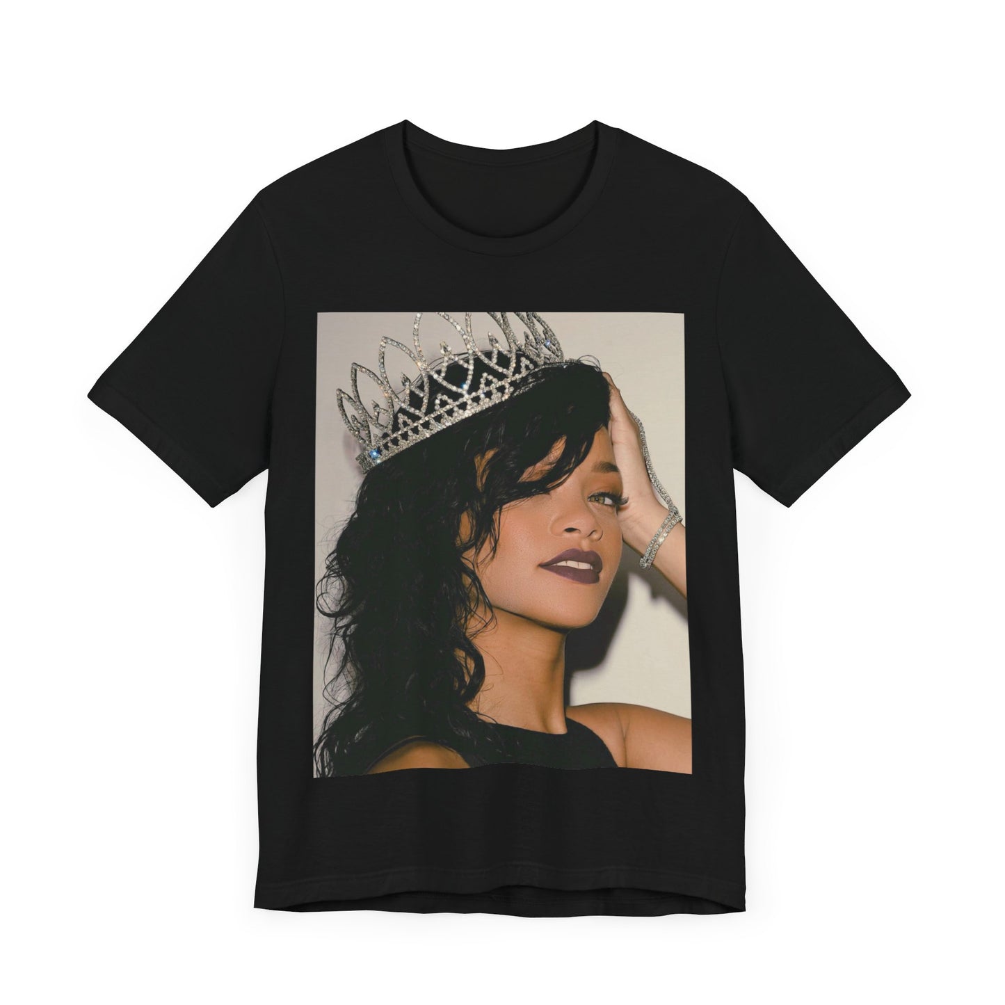 A black graphic t-shirt featuring a Y2K pop aesthetic graphic of Rihanna.