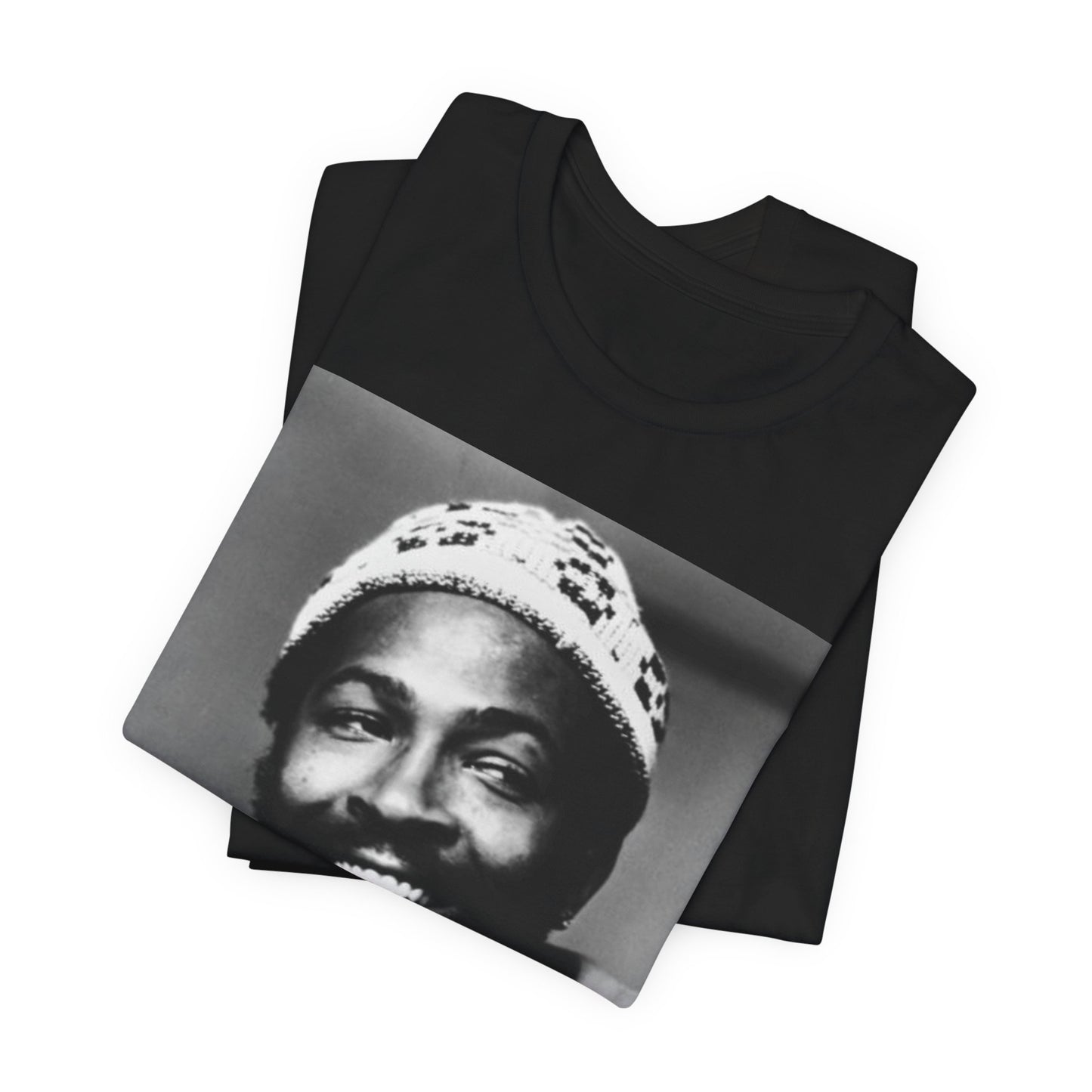 A black graphic t-shirt featuring a 70s retro portrait graphic of Marvin Gaye.
