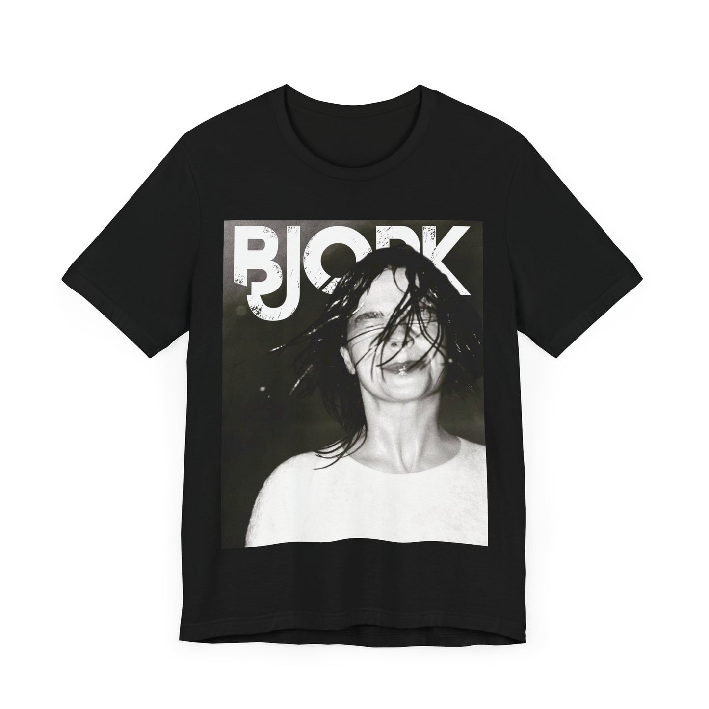 A black graphic t-shirt featuring a dark, artistic graphic of Bjork, possibly with a mysterious or otherworldly feel.