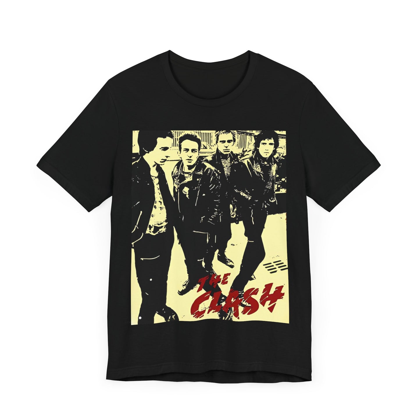 A black graphic t-shirt featuring an anti-establishment rock band graphic of The Clash.