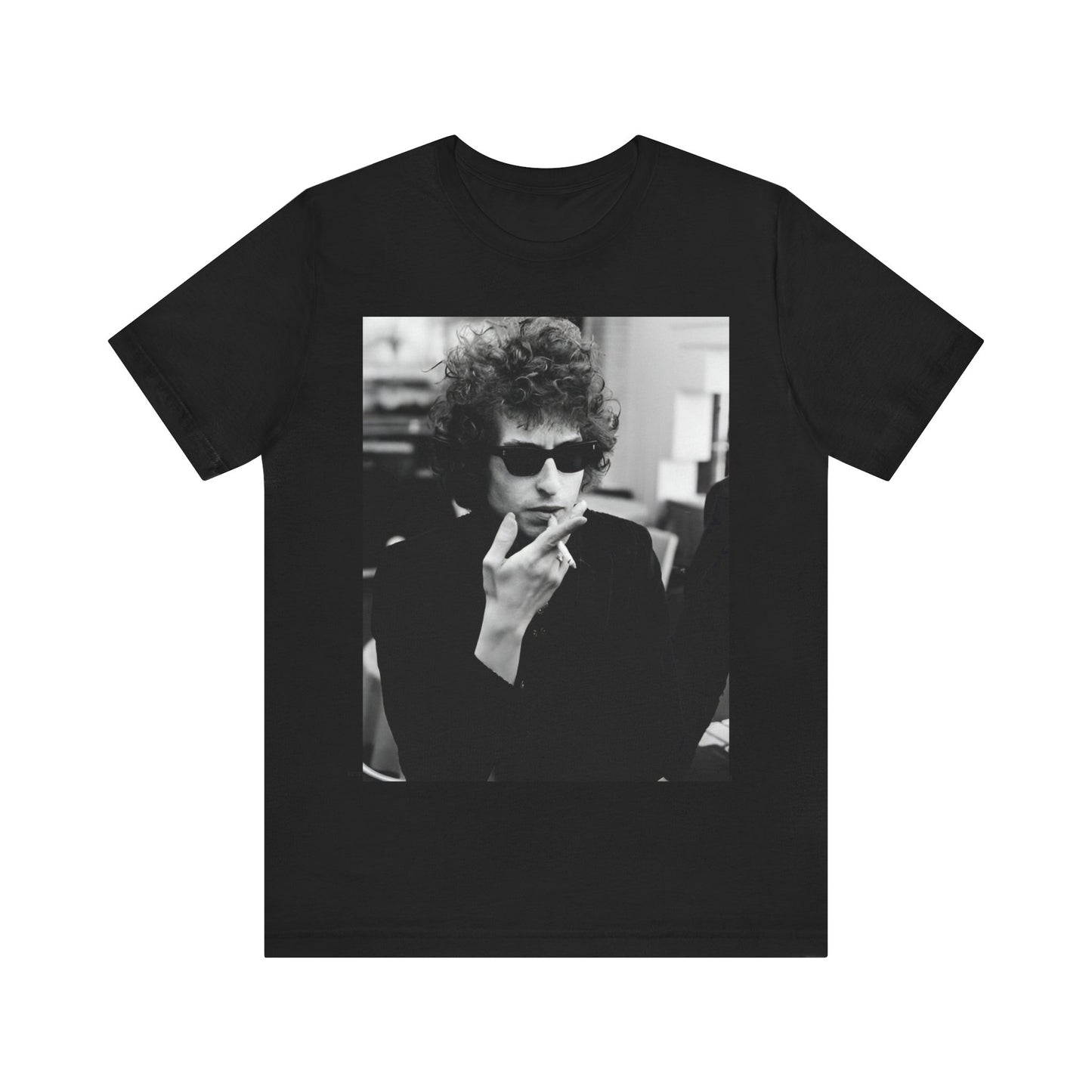 A black graphic t-shirt featuring a retro black and white graphic of Bob Dylan in a rebellious pose.