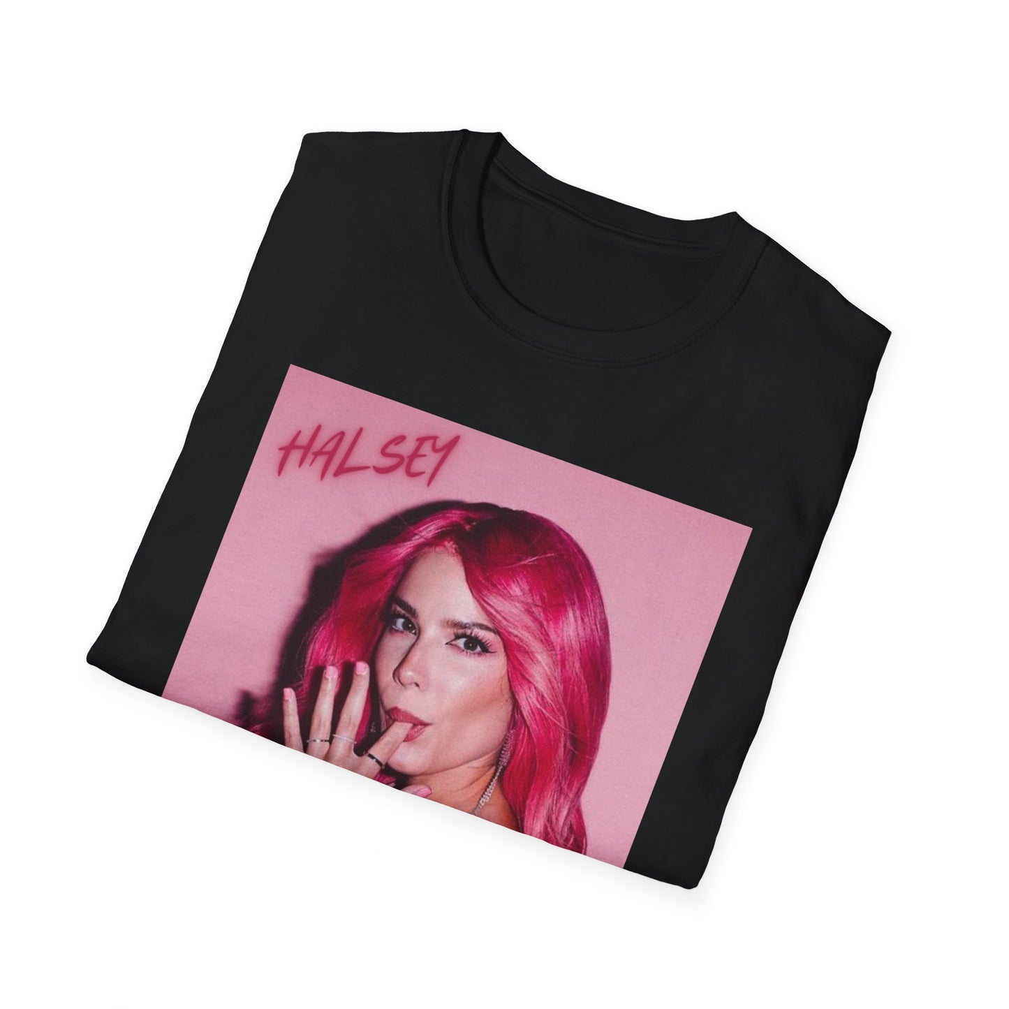 A black graphic t-shirt featuring a photo of Halsey with neon pink hair.
