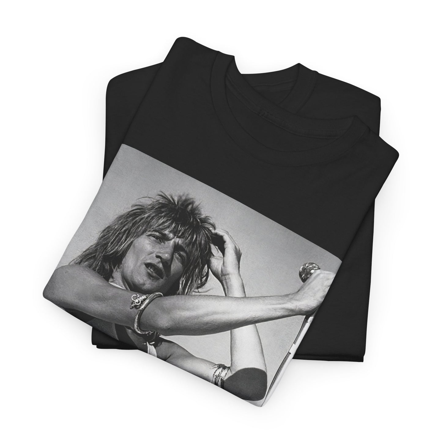 A black graphic t-shirt featuring a vintage black and white graphic or photo of Rod Stewart on tour.
