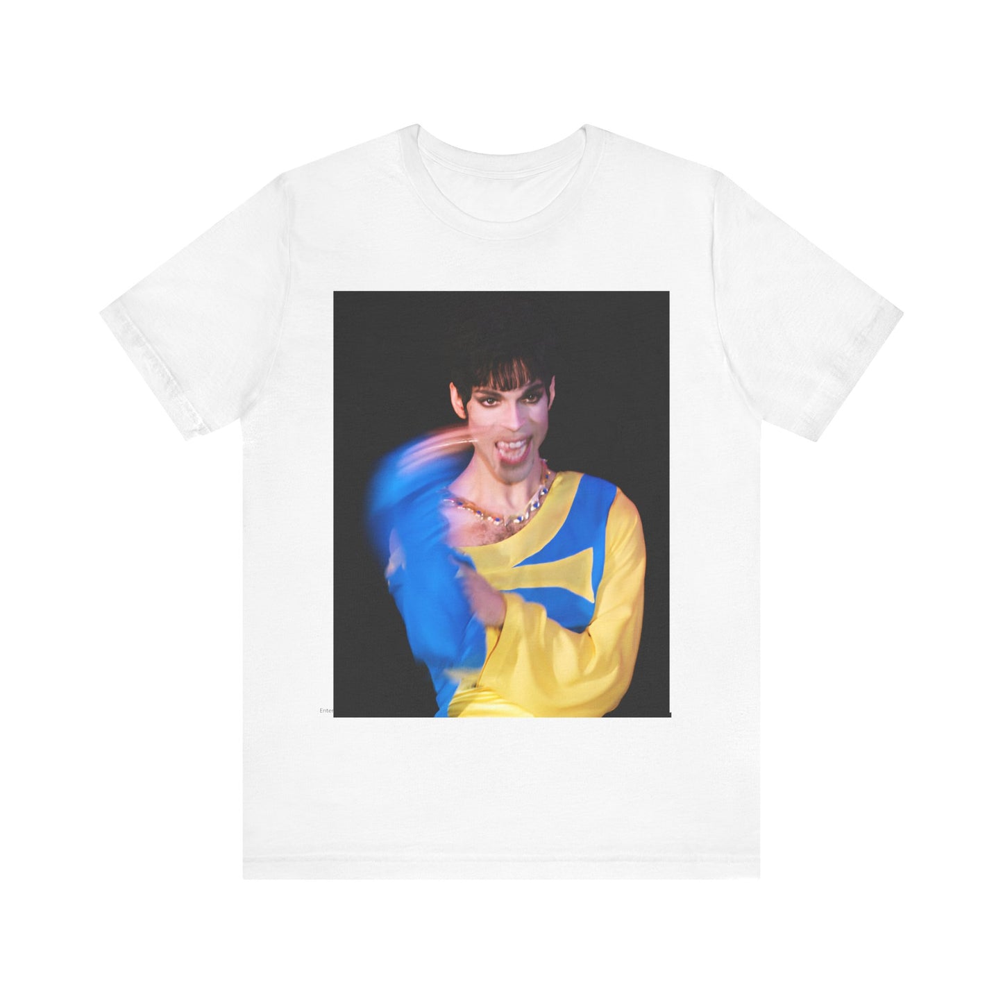 A black graphic t-shirt featuring a graphic related to Prince's 'When Doves Cry' song or era.