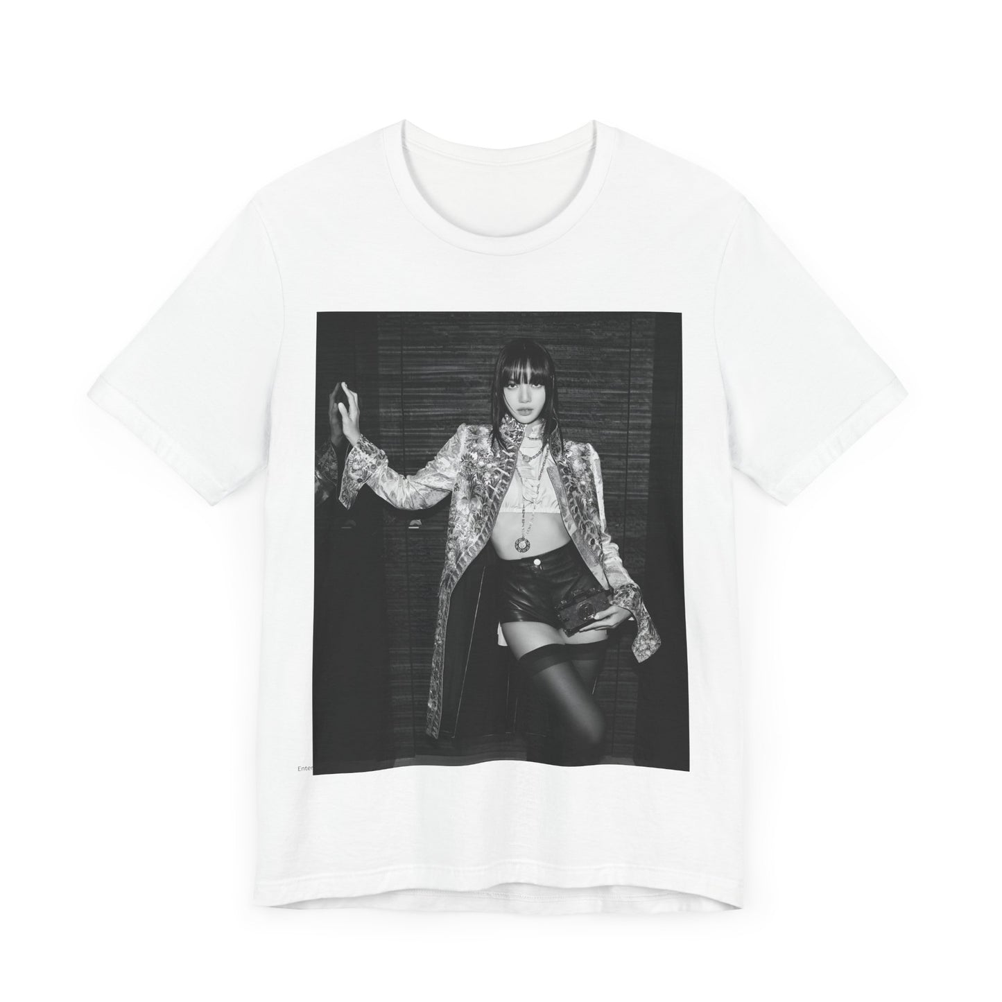 A black graphic t-shirt featuring a black and white, monochrome graphic or photo of Lisa.