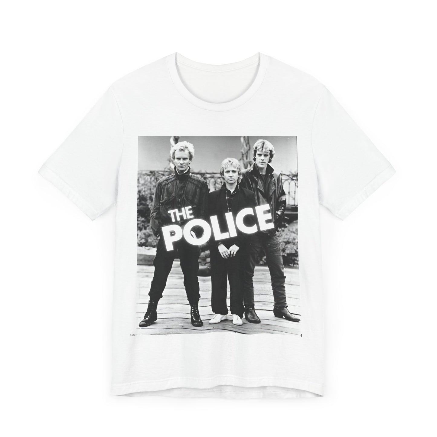 A black graphic t-shirt featuring an 80s pop rock aesthetic black and white graphic of The Police.