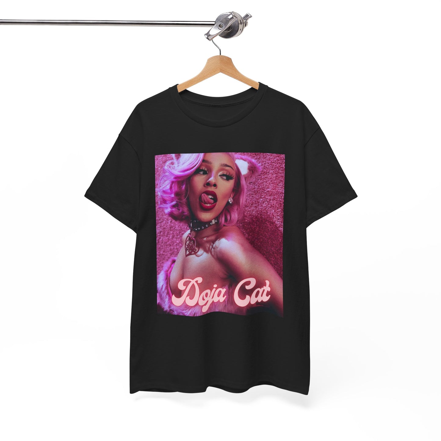 A black graphic t-shirt featuring a graphic of Doja Cat as a rap star with an aesthetic design.