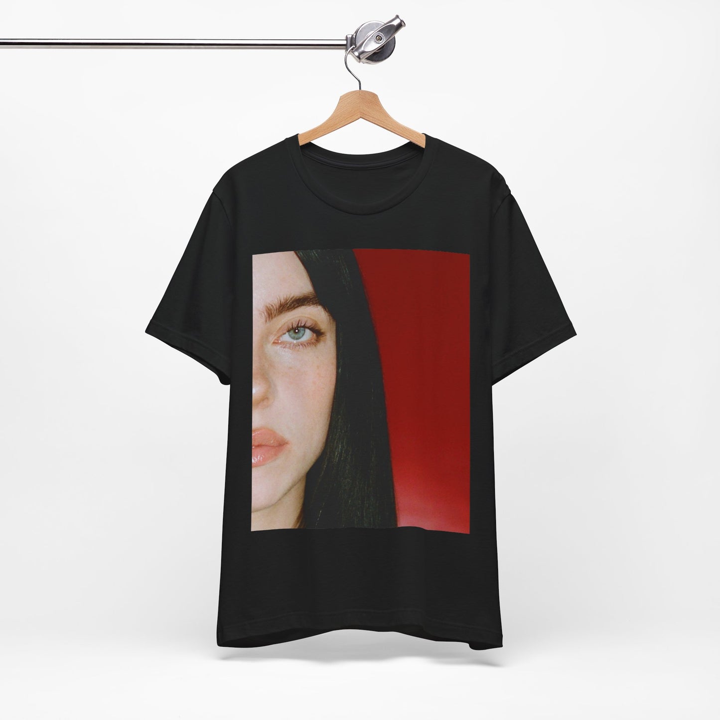A classic, direct, black and white portrait of Billie Eilish, embodying a timeless aesthetic, printed on a graphic t-shirt.