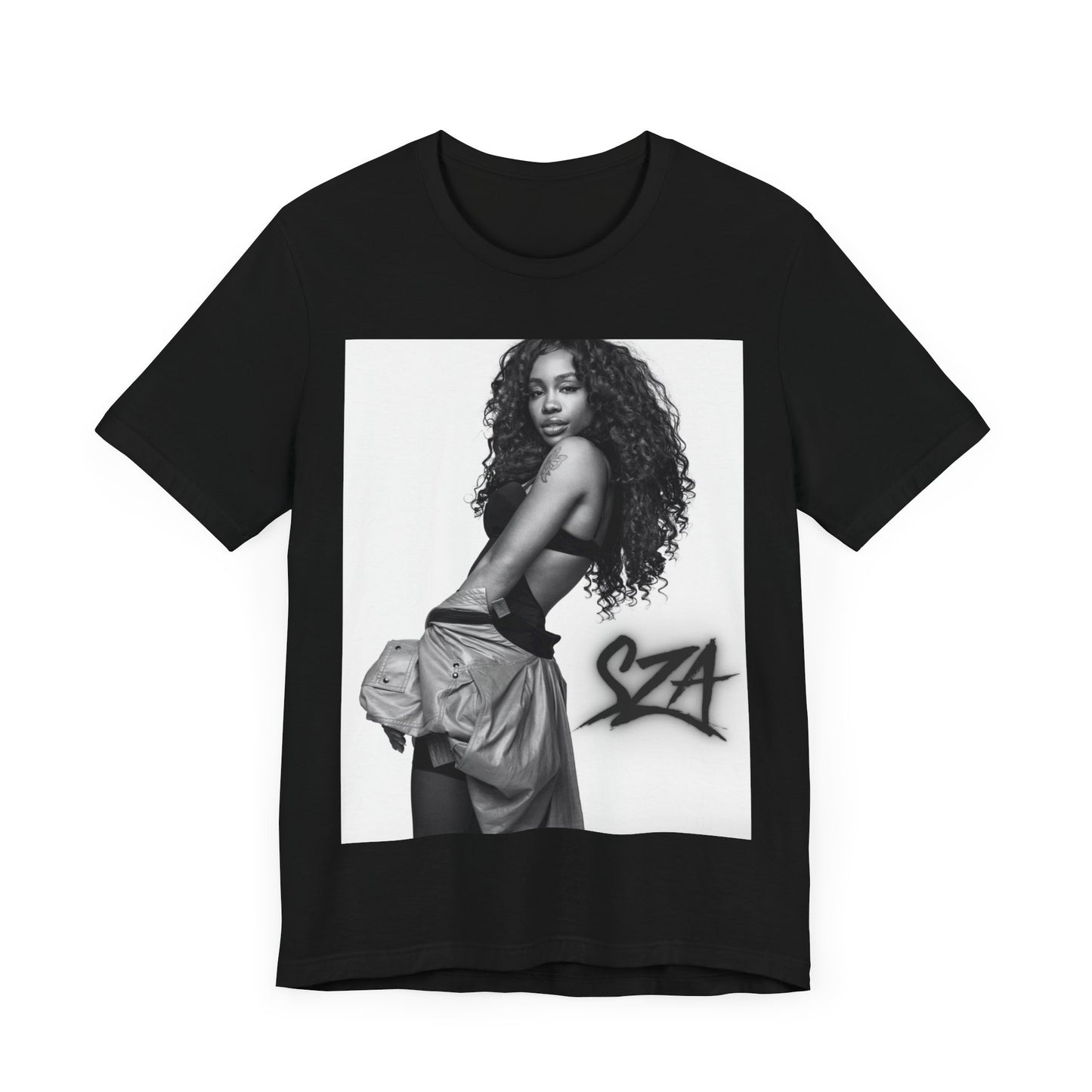 A black graphic t-shirt featuring a black and white portrait photo of SZA.