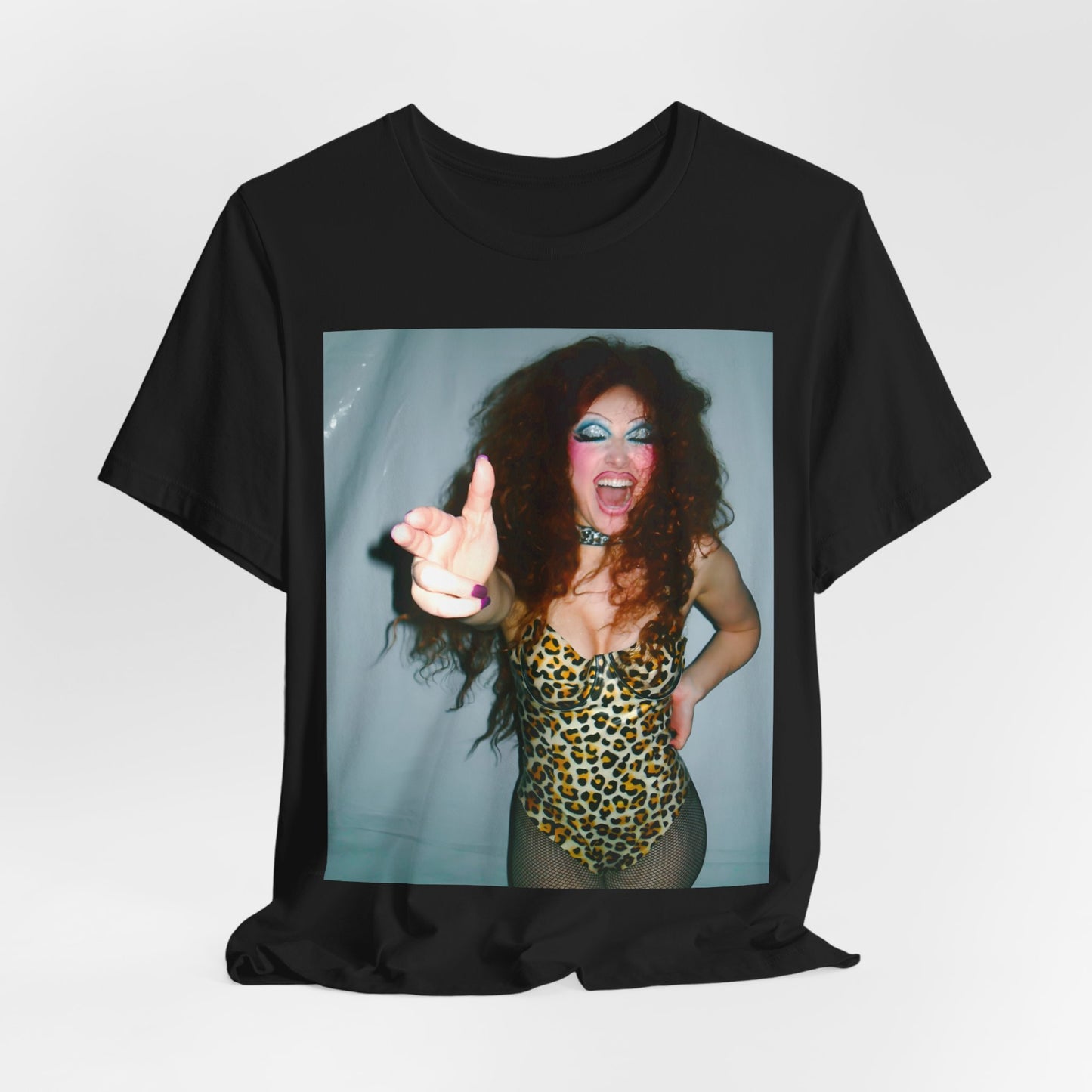 A black graphic t-shirt featuring a graphic of Chappell Roan as a modern queer pop icon.