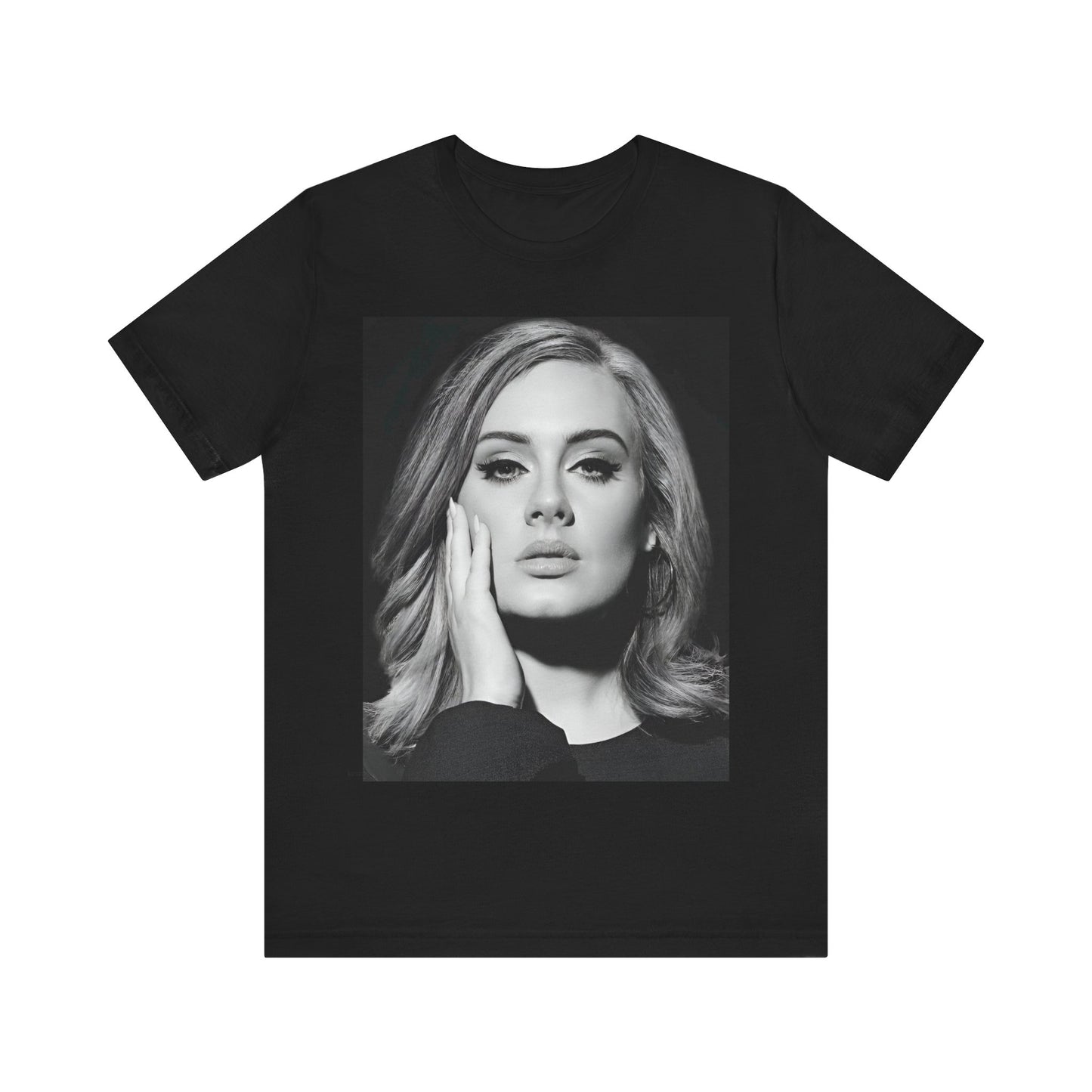 A black graphic t-shirt featuring a studio portrait of Adele from her '25' album era, showing a poised and thoughtful expression with her hair styled elegantly.