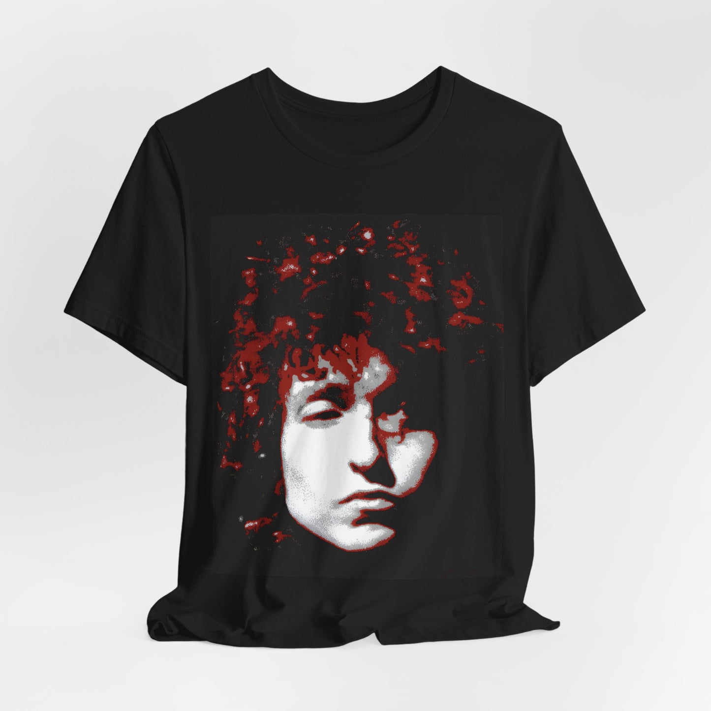 A black graphic t-shirt featuring a graphic related to Bob Dylan's 'Blood on the Tracks' album era, possibly with album art elements.