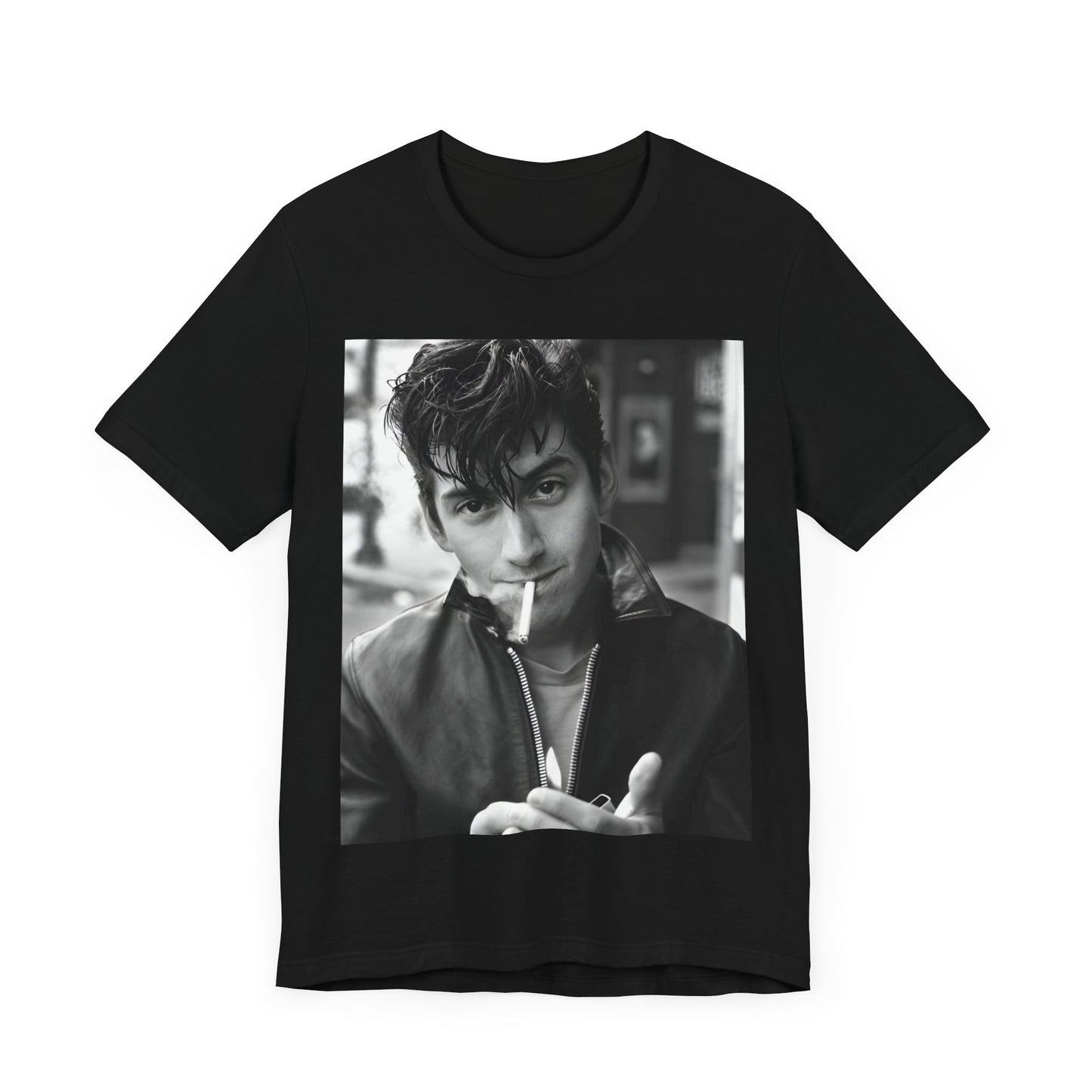 A black graphic t-shirt featuring a graphic of Alex Turner from Arctic Monkeys, in a rock star pose or setting.