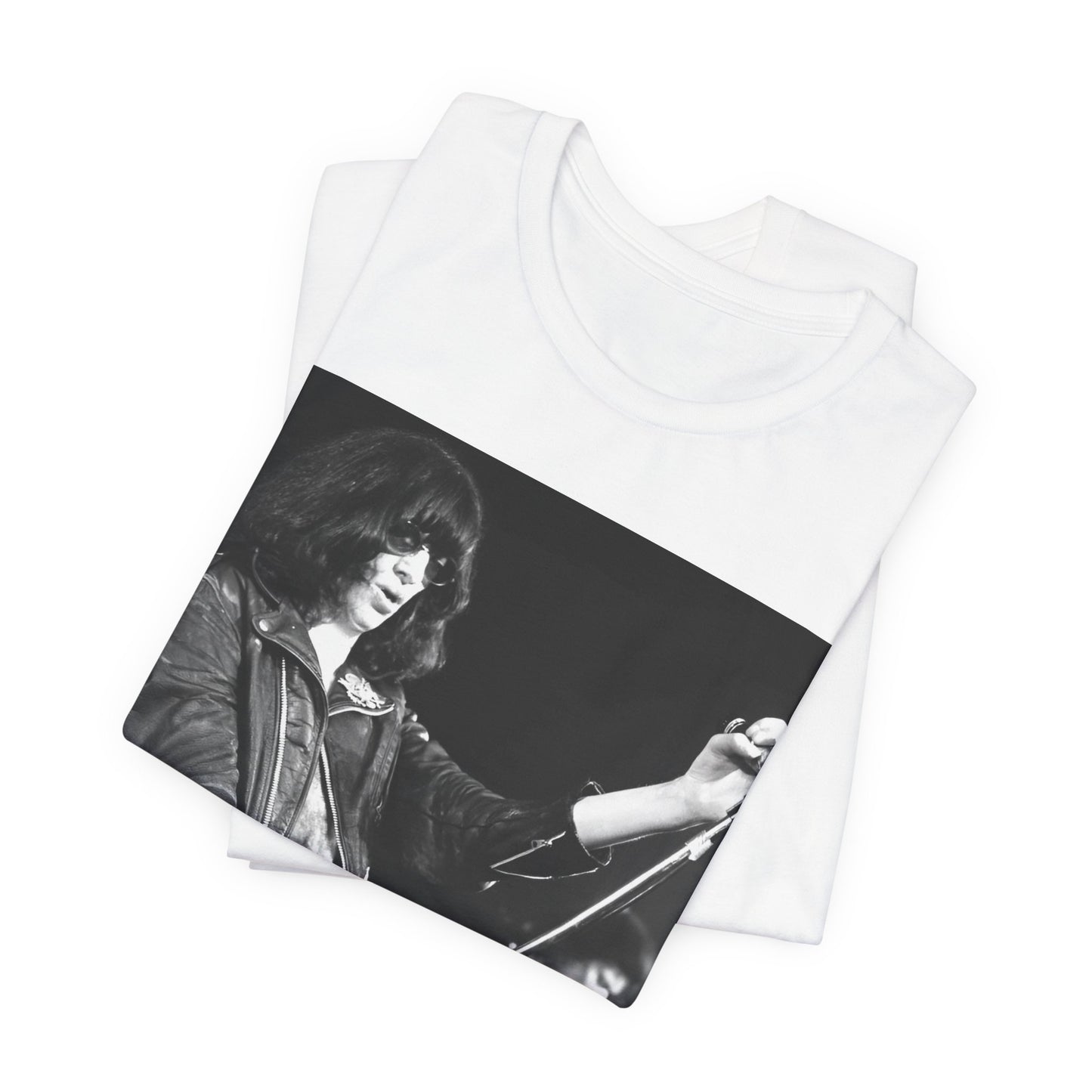 A black graphic t-shirt featuring a graphic of Joey Ramone from Ramones as the Godfather of Punk.