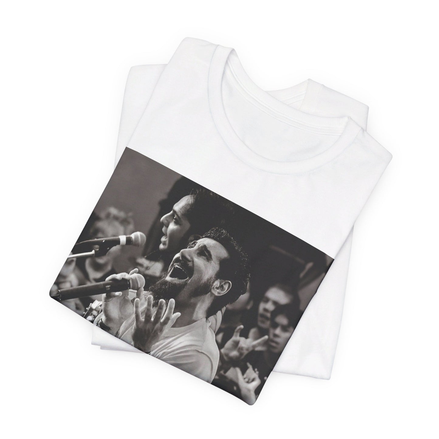 A black graphic t-shirt featuring a black and white portrait photo of Serj Tankian from System of a Down.