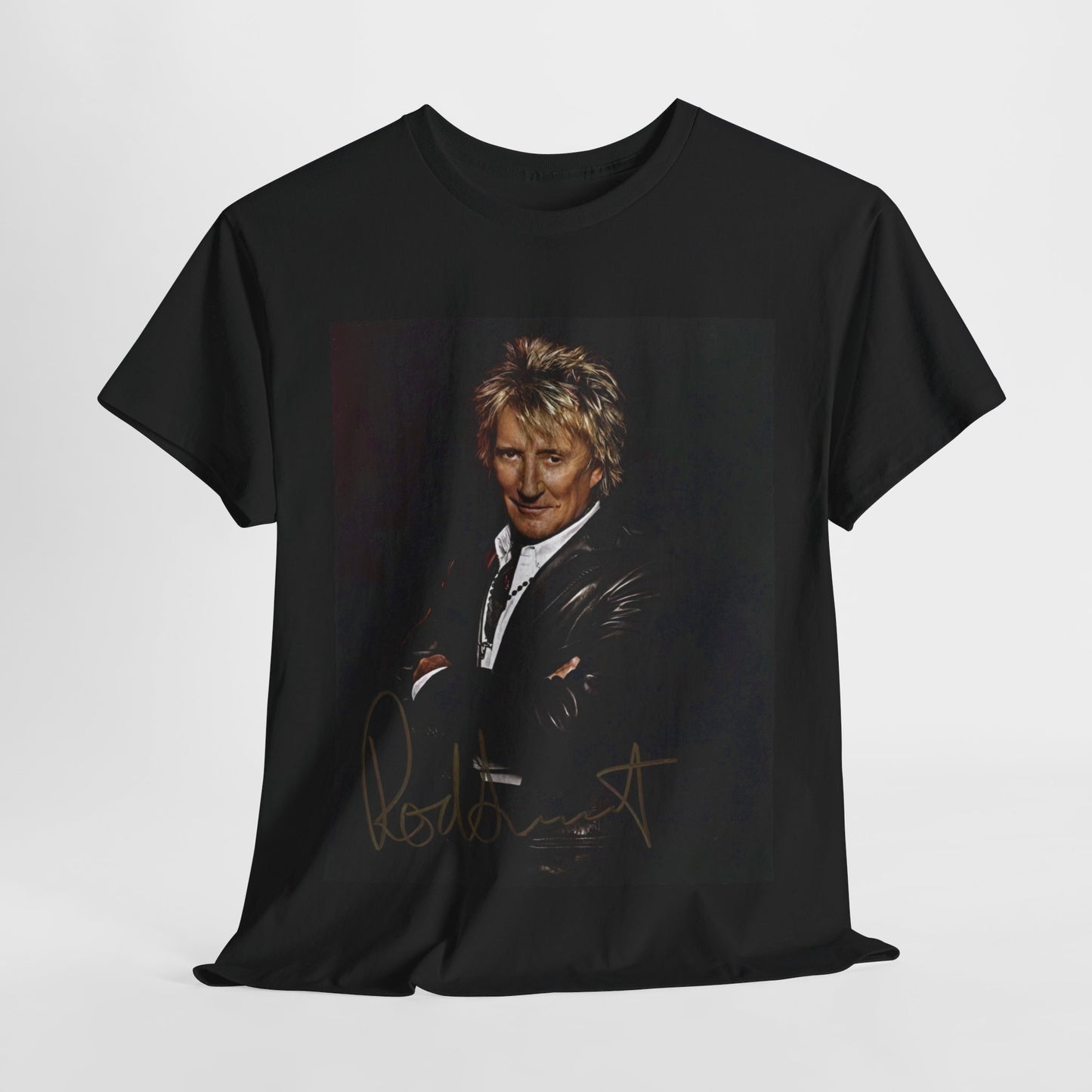 A black graphic t-shirt featuring a signature graphic of Rod Stewart.