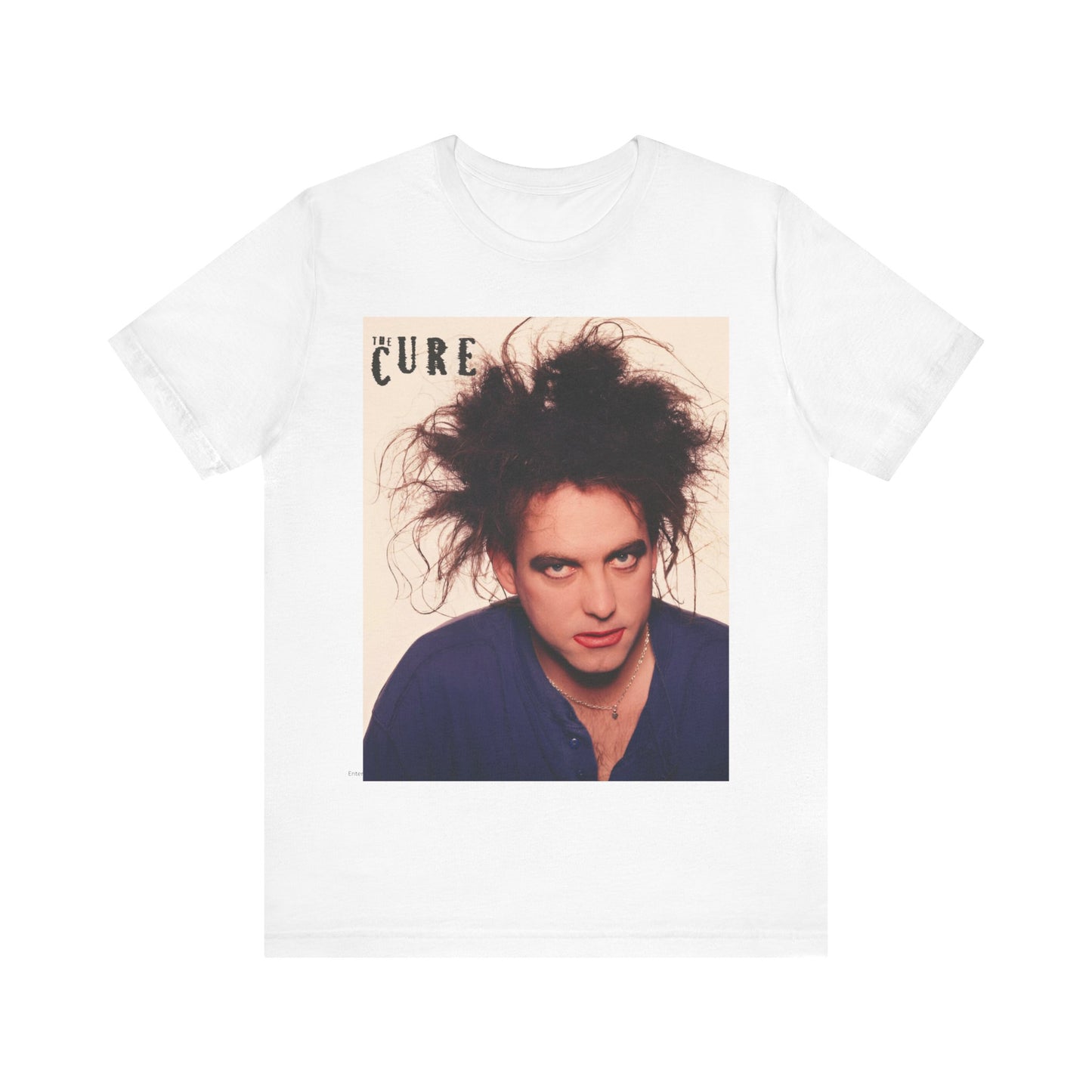 A black graphic t-shirt featuring a photo portrait of Robert Smith from The Cure.