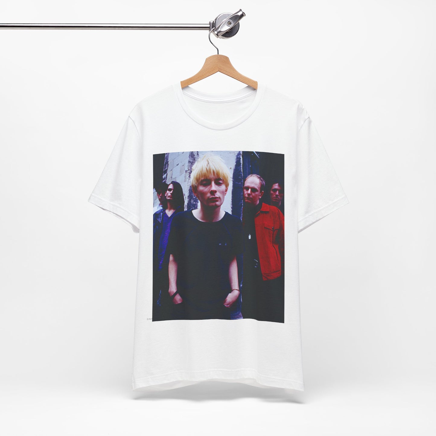 A black graphic t-shirt featuring a graphic of Radiohead as unapologetic art rock icons.