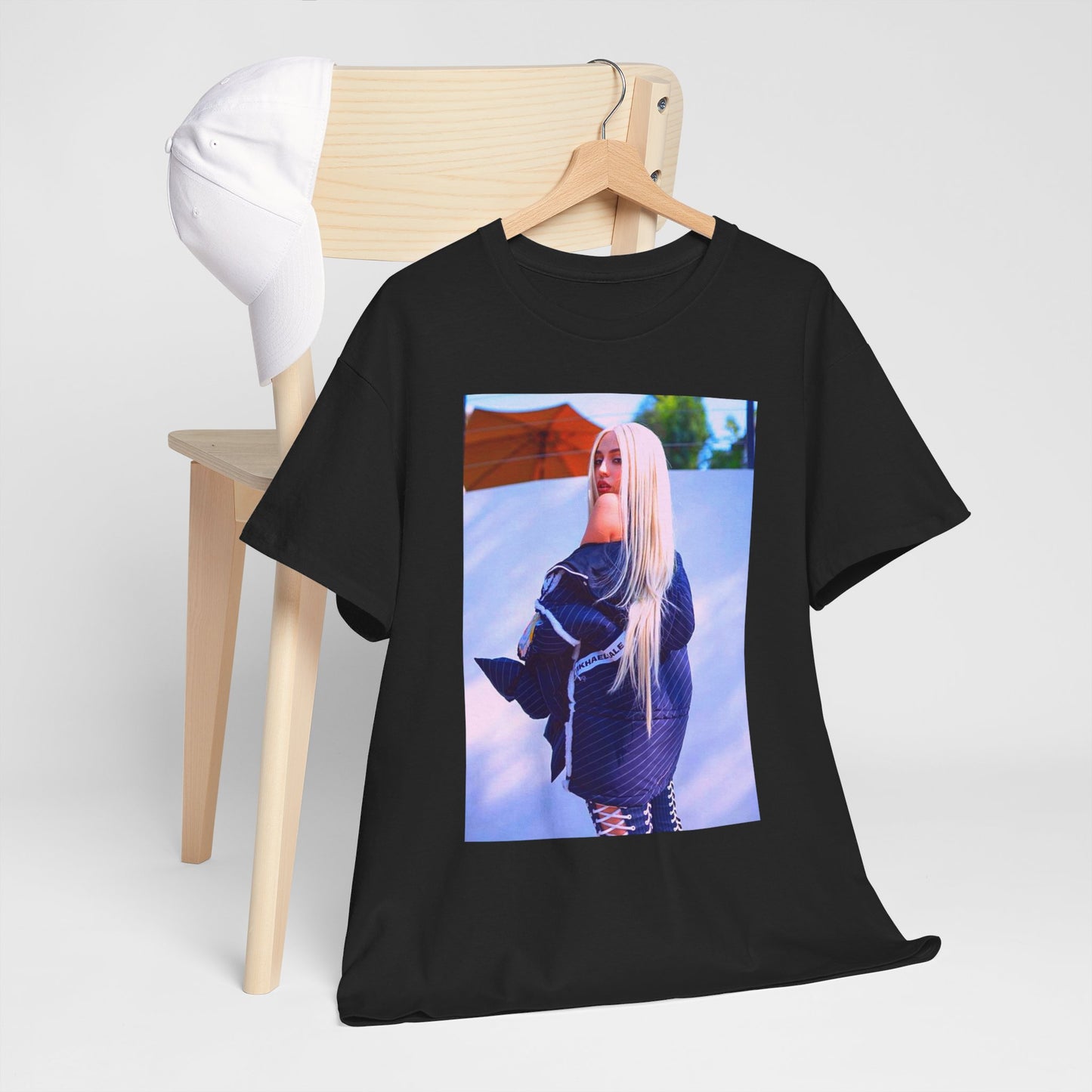 A black graphic t-shirt featuring a photo of Ava Max in a stylish pose, showcasing her elegance.