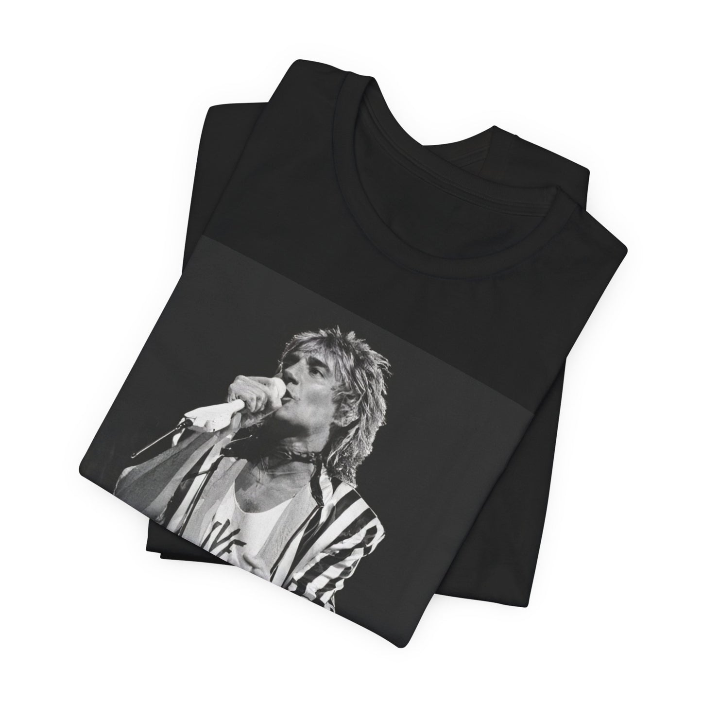 A black graphic t-shirt featuring a black and white portrait photo of Rod Stewart.