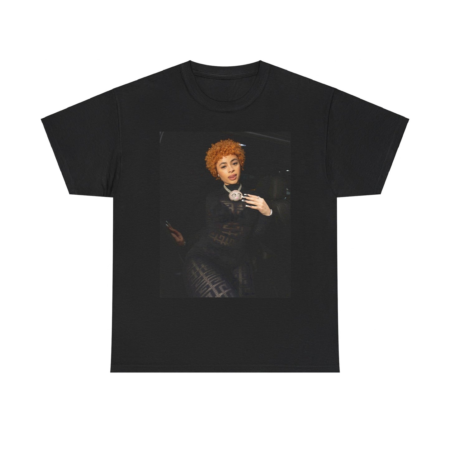 A black graphic t-shirt featuring a graphic of Ice Spice with her classic curly red hair, designed with an aesthetic style.