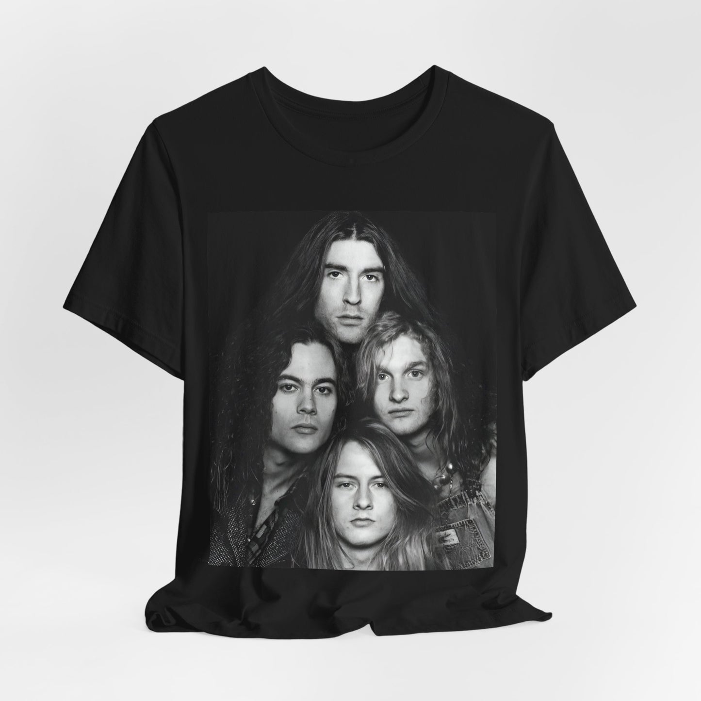 A black graphic t-shirt featuring a black and white graphic related to Alice In Chains' 90s 'Facelift' album era, possibly with band members in a stylized design.