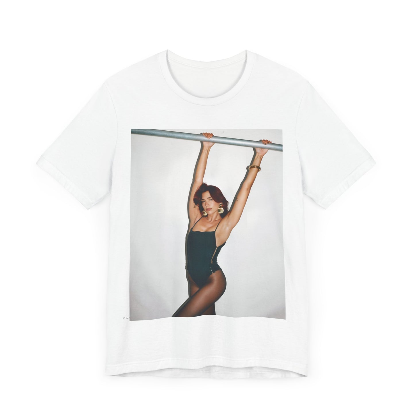 A black graphic t-shirt featuring a graphic related to Dua Lipa's "Levitating" song or era.