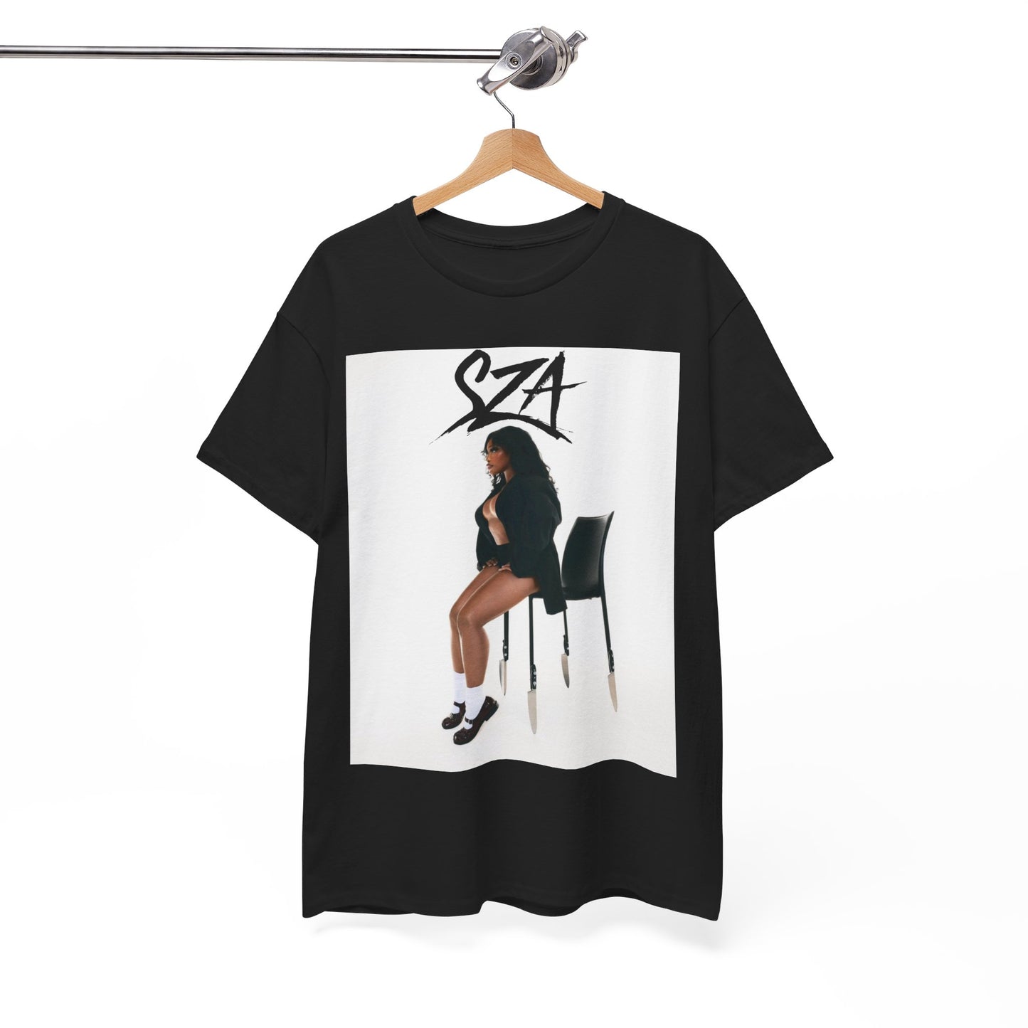 A black graphic t-shirt featuring a chill neo-soul aesthetic graphic of SZA.