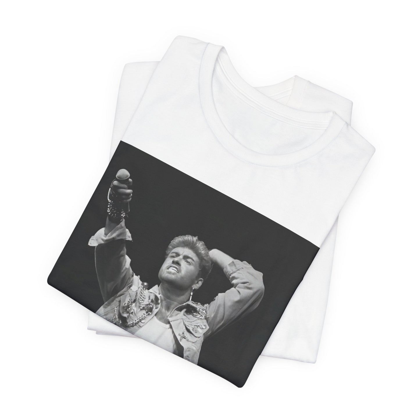 A black graphic t-shirt featuring a graphic or photo of George Michael performing live on stage.