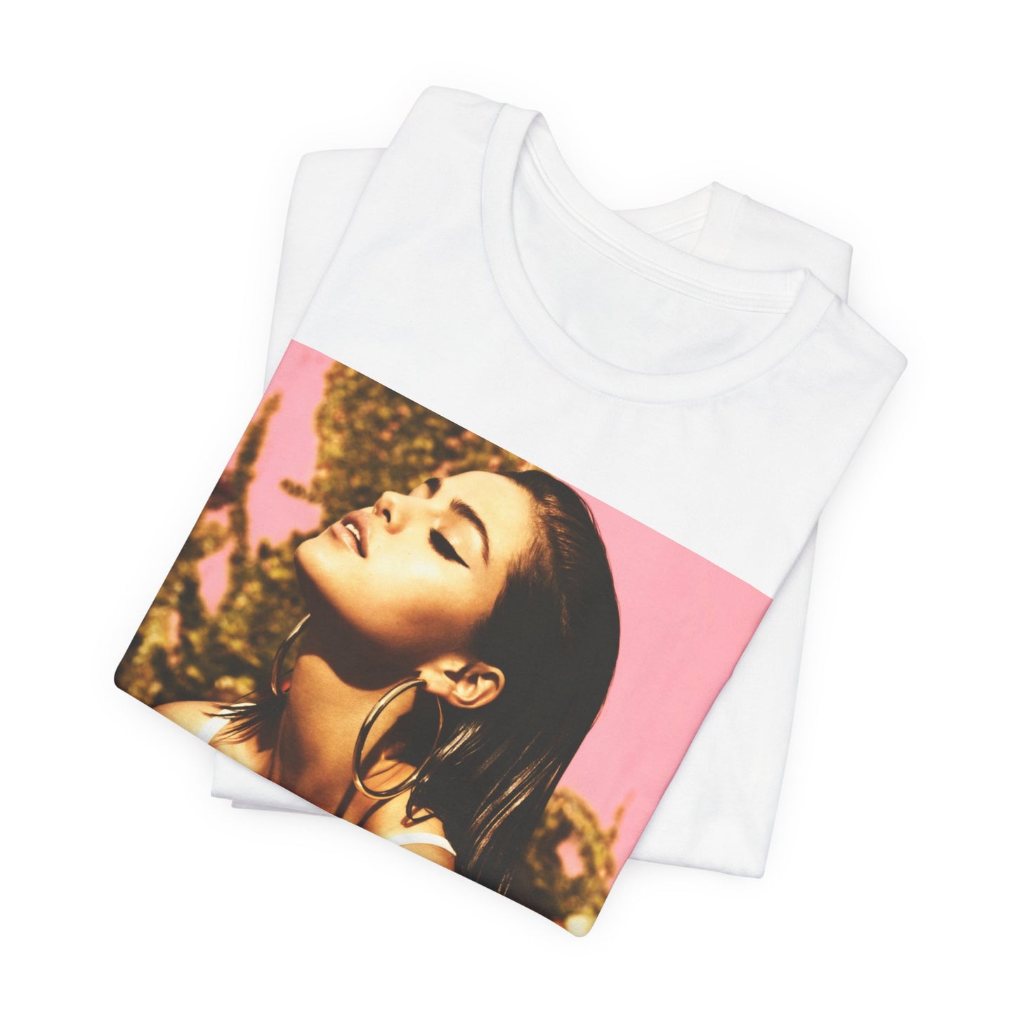 A black graphic t-shirt featuring a graphic of Selena Gomez emphasizing her timeless beauty.