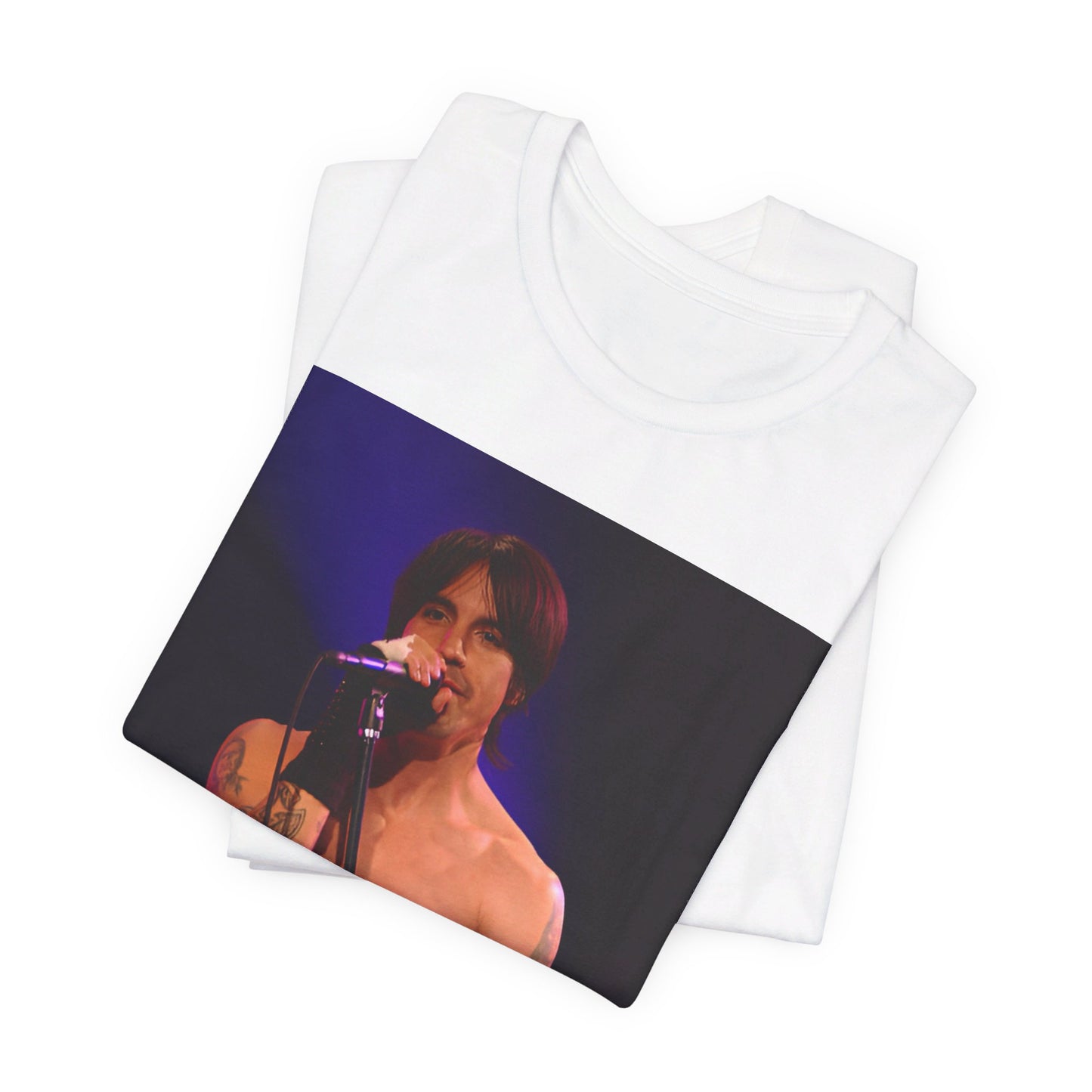 A black graphic t-shirt featuring a graphic of Anthony Kiedis from Red Hot Chili Peppers on tour.