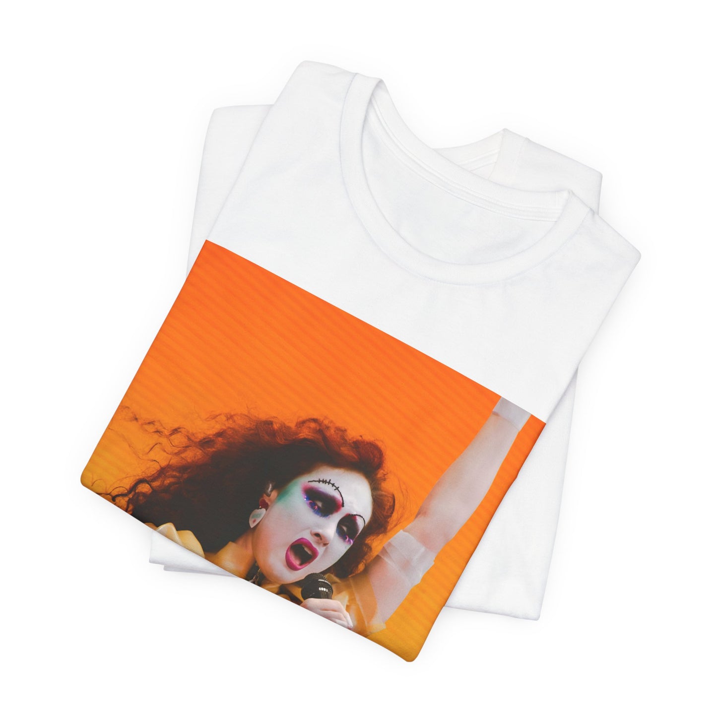 A black graphic t-shirt featuring a graphic of Chappell Roan, designed with a future pop aesthetic.