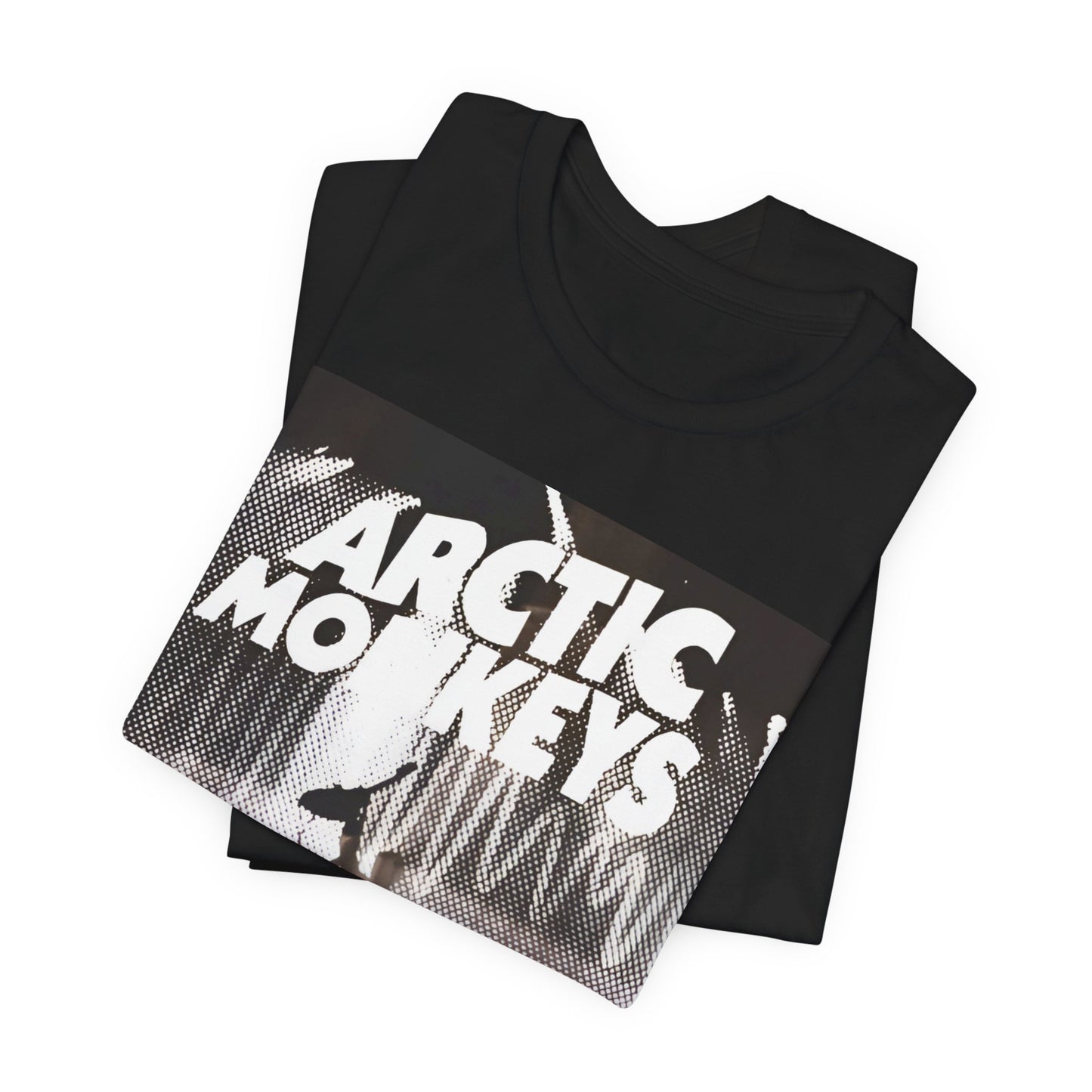 A black graphic t-shirt featuring a retro-style logo for the band Arctic Monkeys.