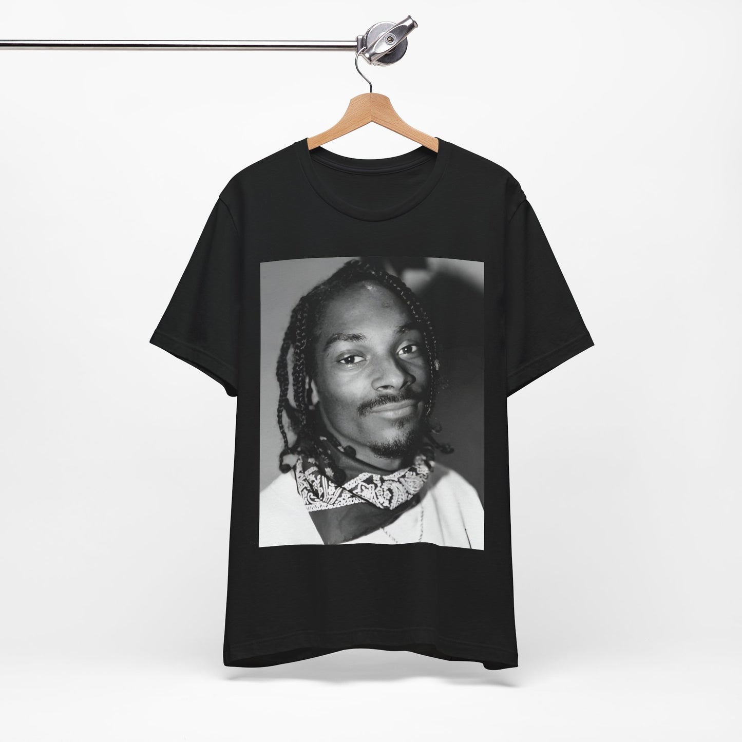 A black graphic t-shirt featuring a modern rap essential graphic of Snoop Dogg.