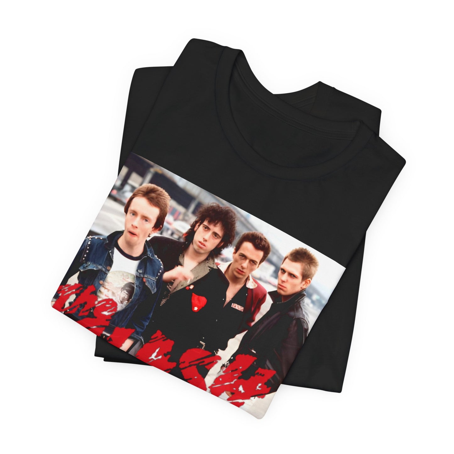 A black graphic t-shirt featuring a graphic of The Clash with an everyday punk style aesthetic.