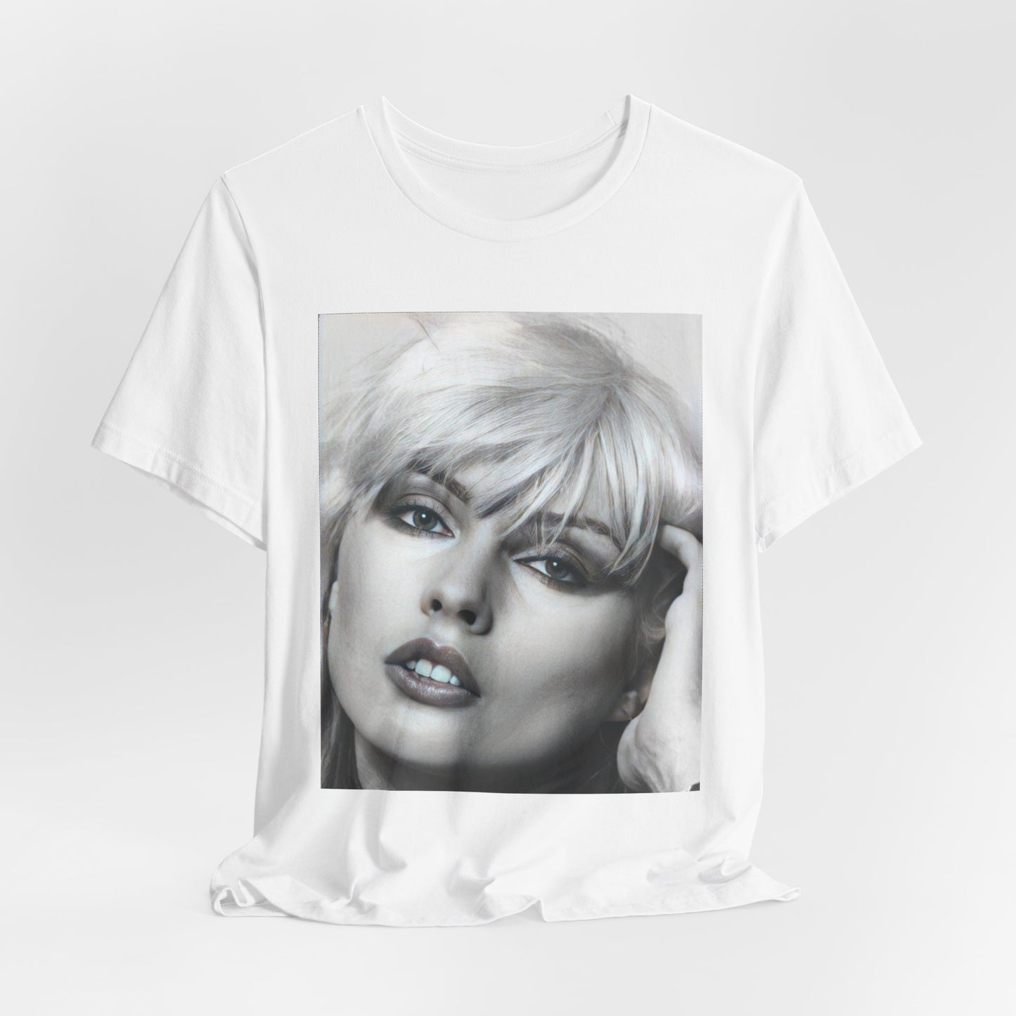A black graphic t-shirt featuring an iconic black and white portrait photo of Debbie Harry from Blondie.