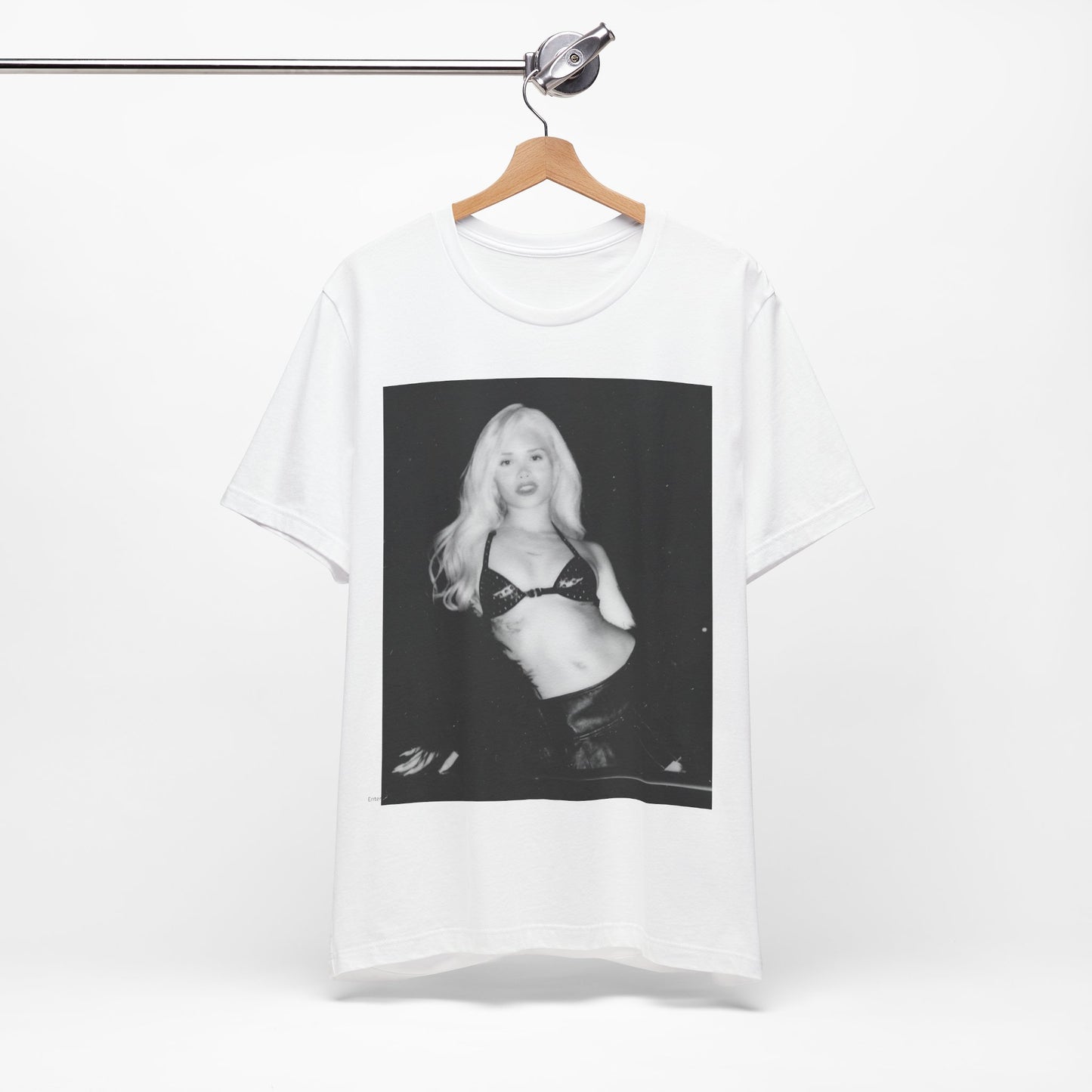 A black graphic t-shirt featuring a black and white portrait photo of Nessa Barrett.