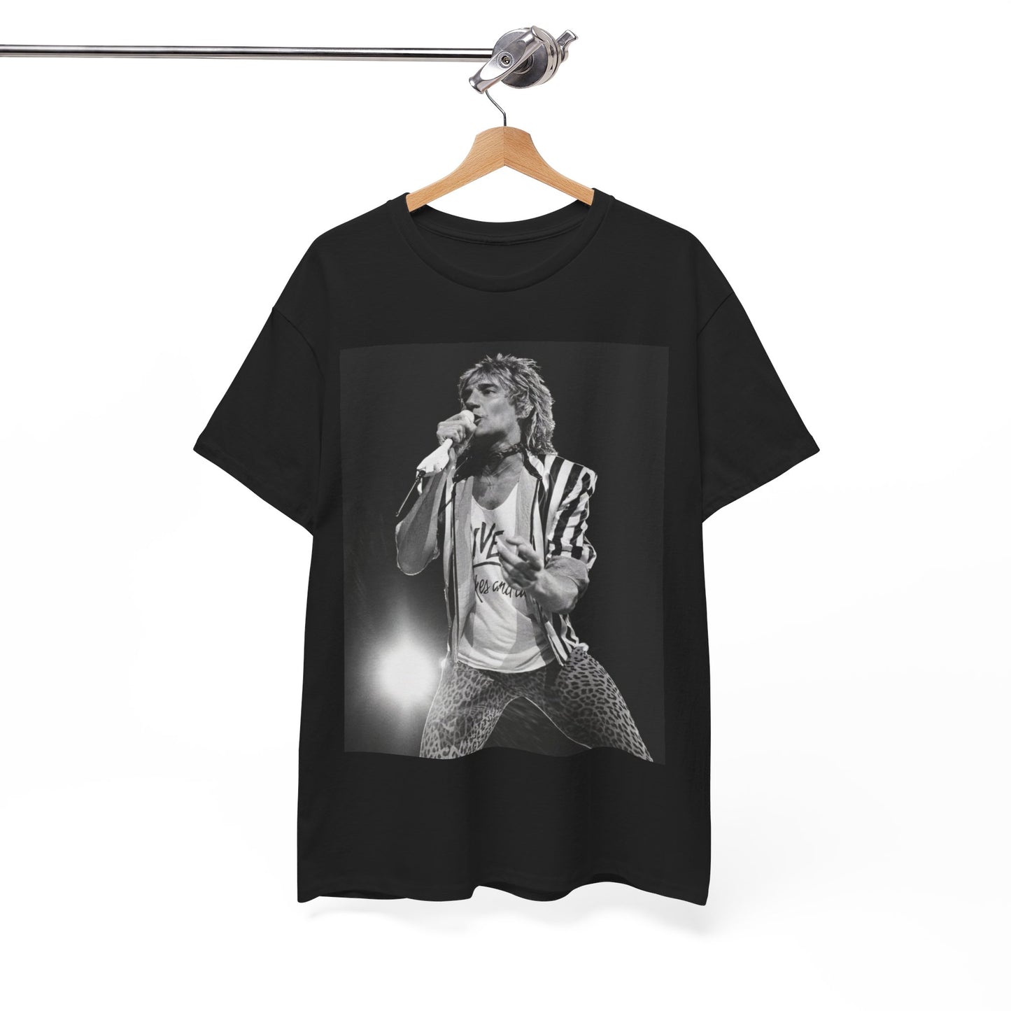 A black graphic t-shirt featuring a vintage graphic or photo of Rod Stewart performing live.