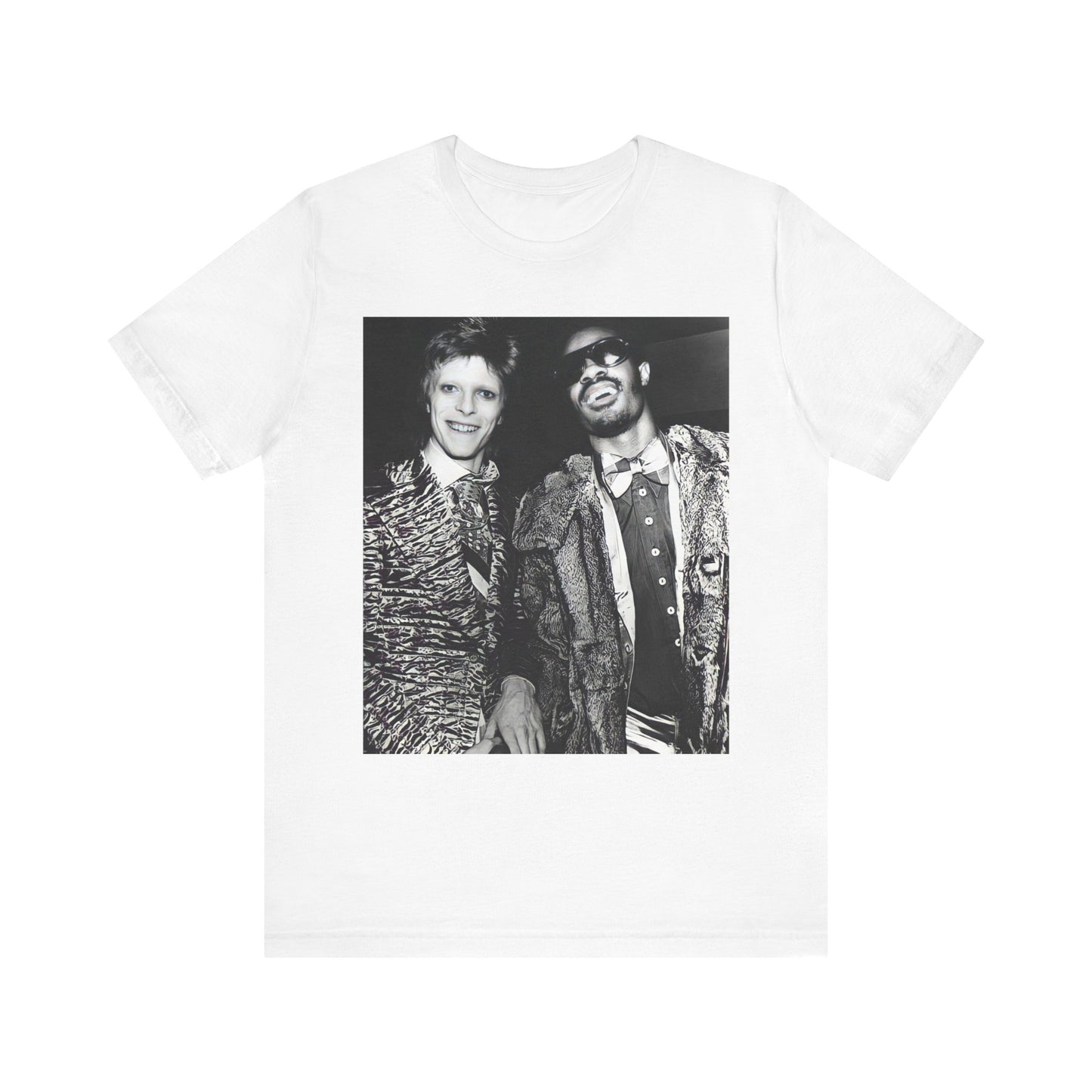 A black graphic t-shirt featuring a retro graphic of Stevie Wonder and David Bowie together.