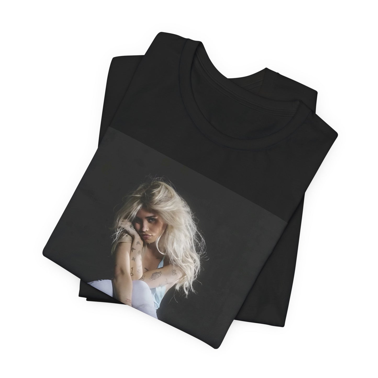 A black graphic t-shirt featuring a graphic of Nessa Barrett with dark pop vibes aesthetic.