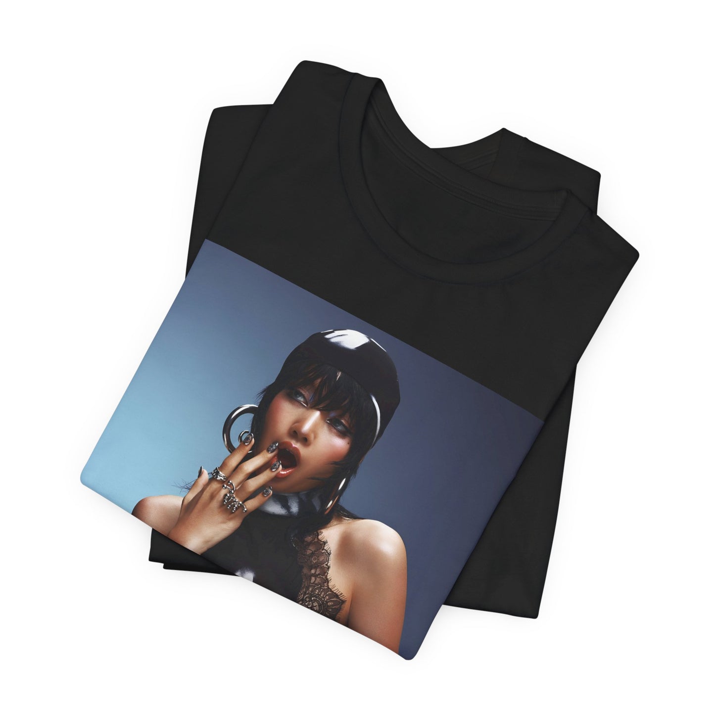 A black graphic t-shirt featuring a vintage K-Pop dance queen graphic of Lisa.