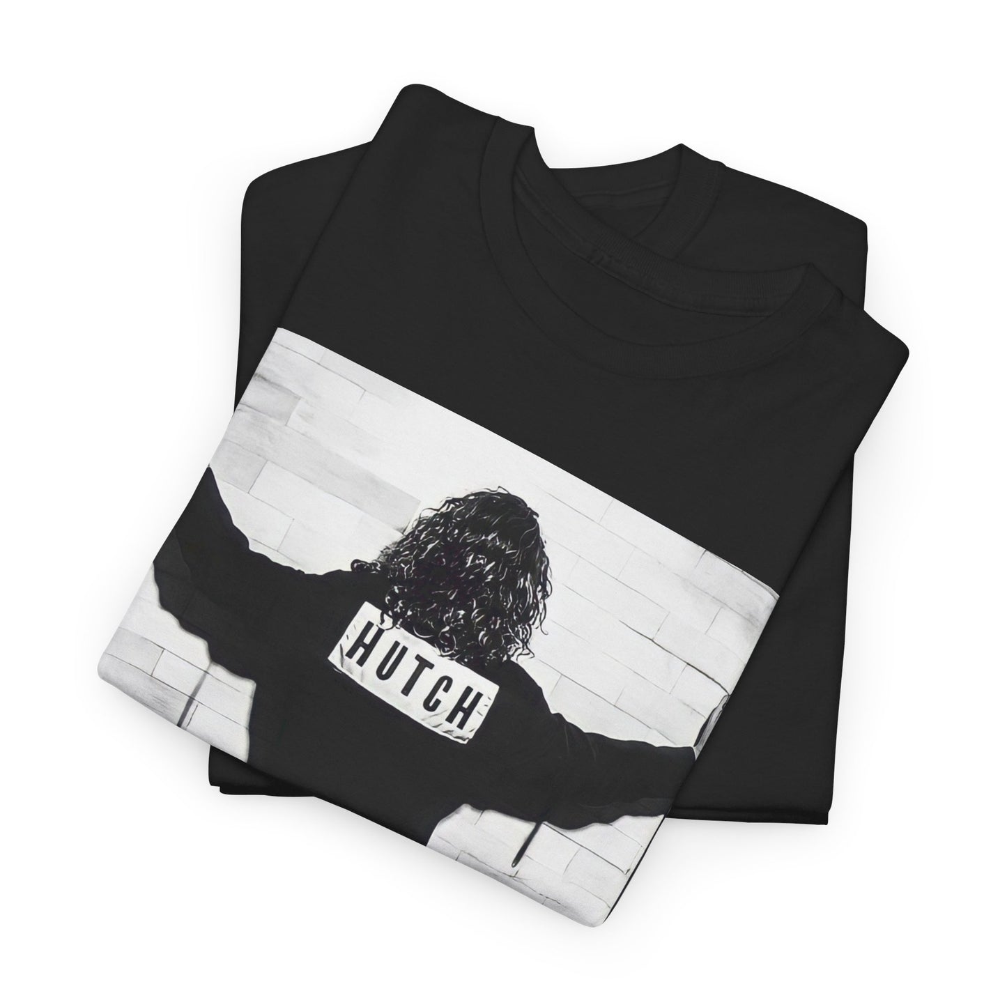 A black graphic t-shirt featuring a graphic of Michael Hutchence from INXS, labeled 'Hutch'.
