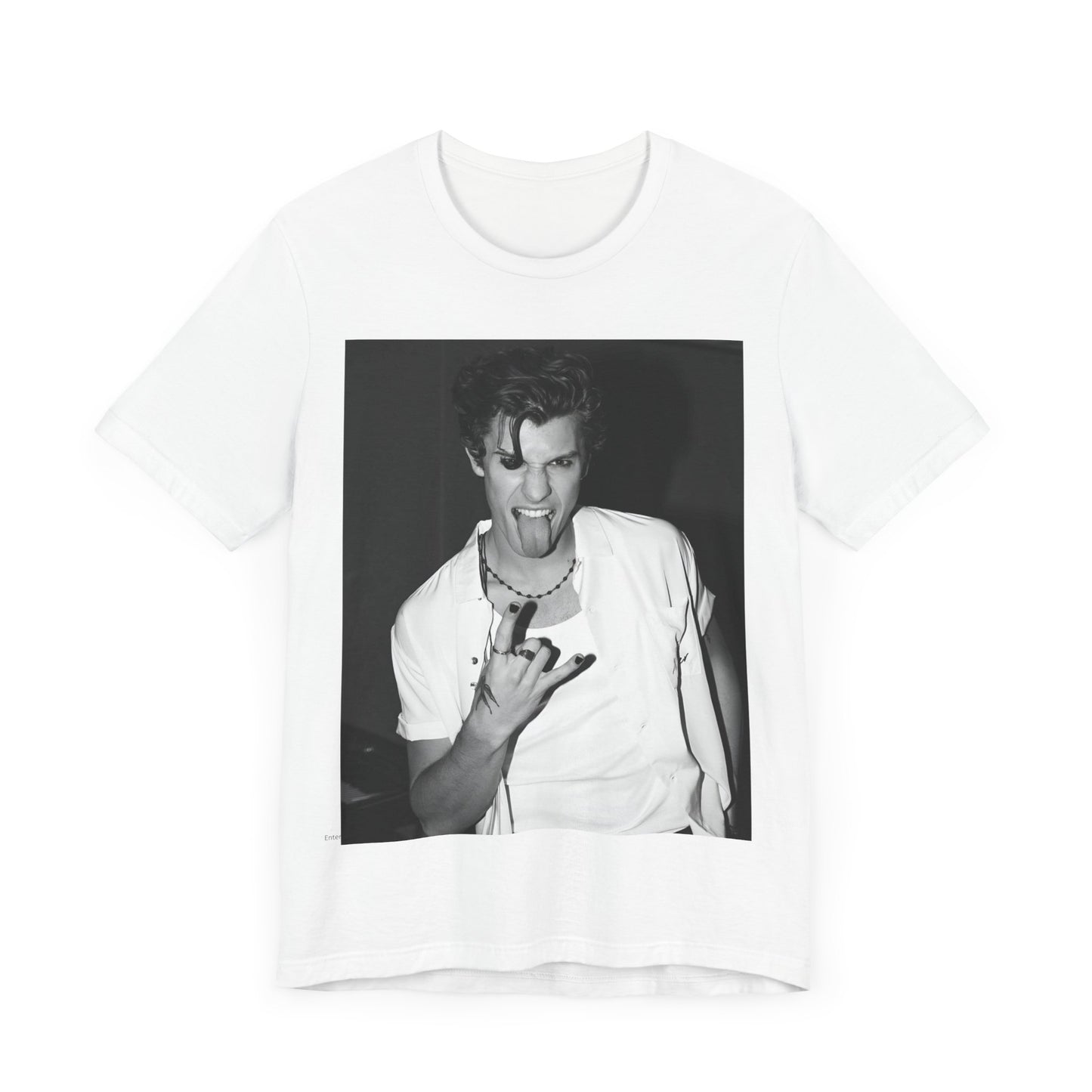 A black graphic t-shirt featuring a casual black and white fan graphic of Shawn Mendes.