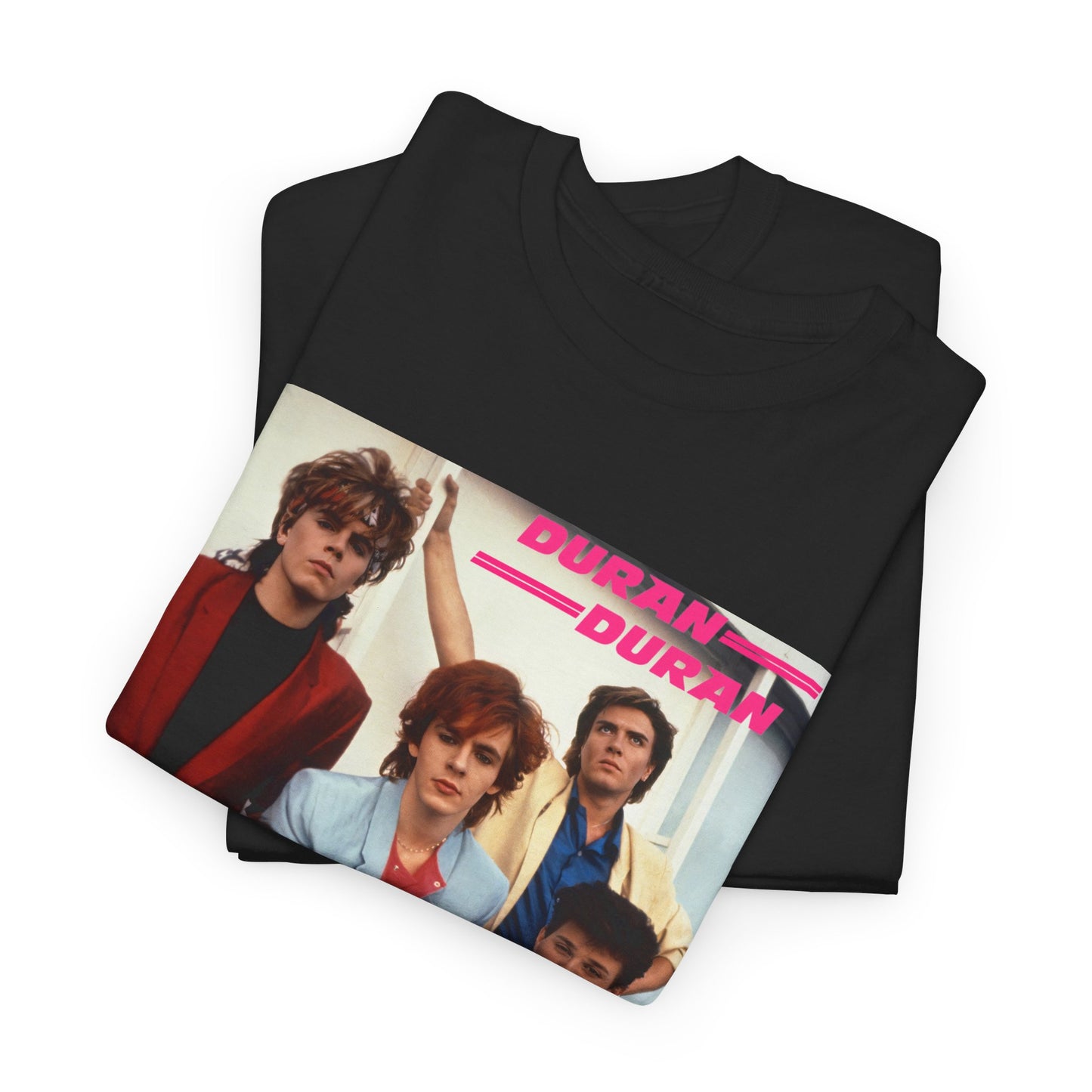 A black graphic t-shirt featuring a graphic of Duran Duran as 80s new wave pioneers.