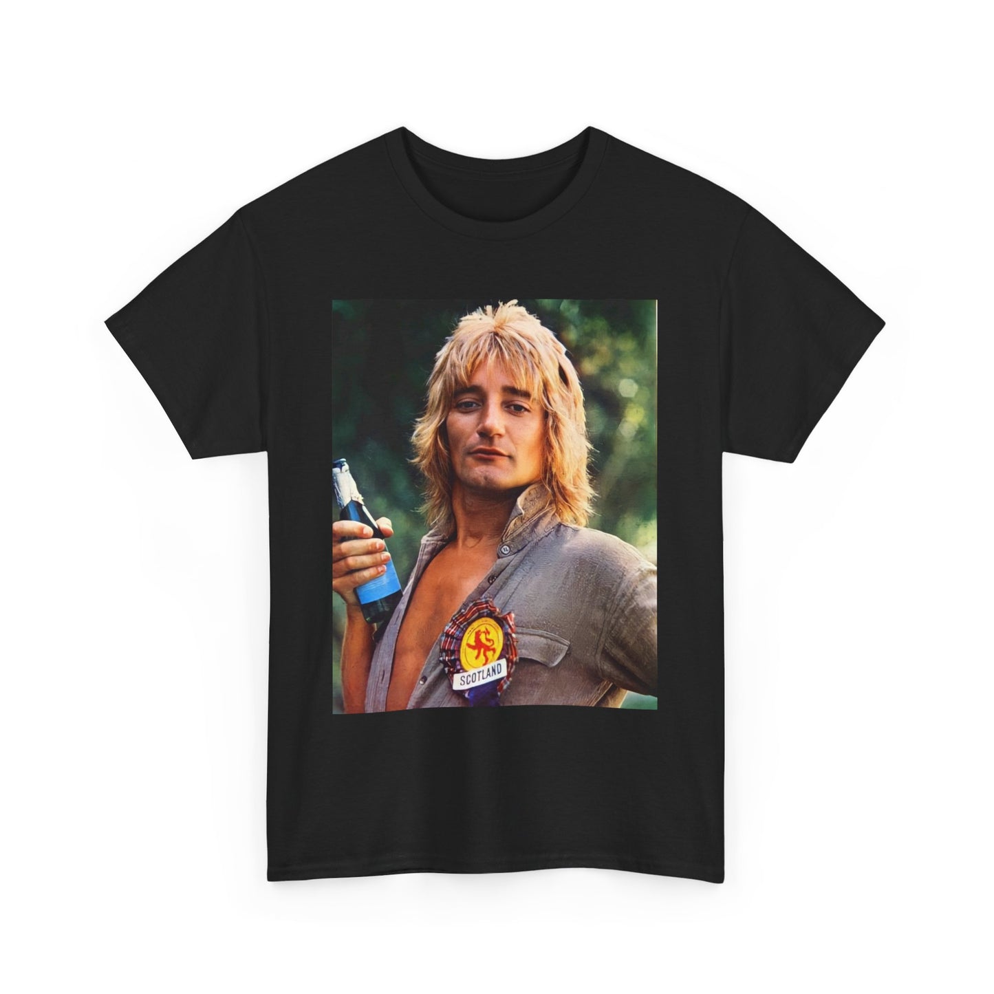 A black graphic t-shirt featuring a graphic of Rod Stewart with a beer pint.