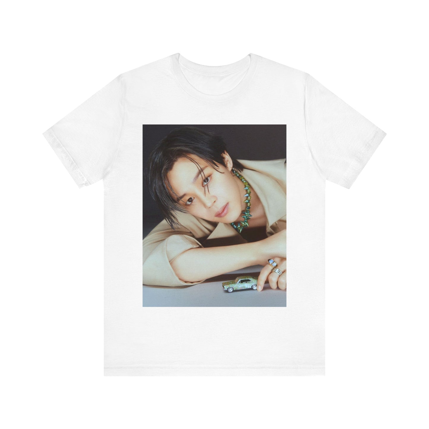 A black graphic t-shirt featuring a retro graphic related to Jimin's 'Filter' era.