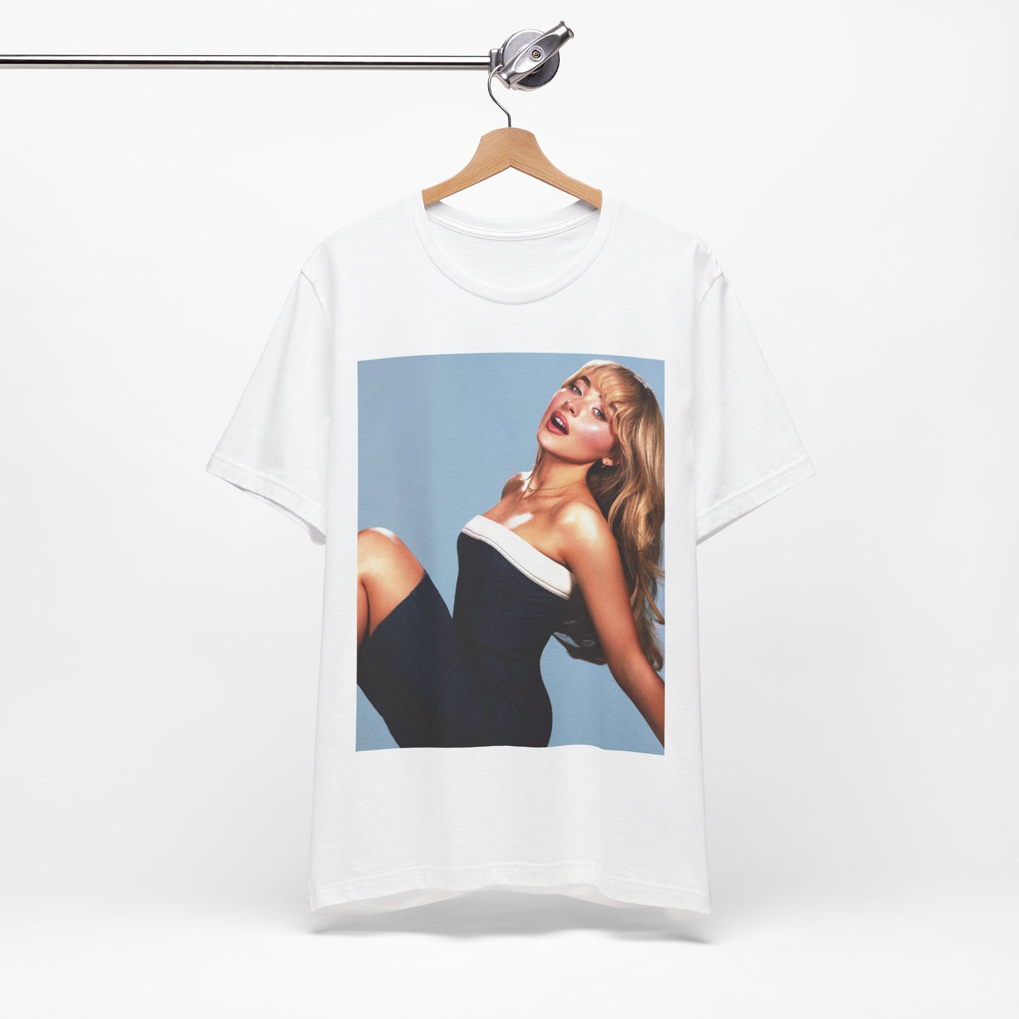 A black graphic t-shirt featuring a graphic related to Sabrina Carpenter's 'Espresso' song or era.