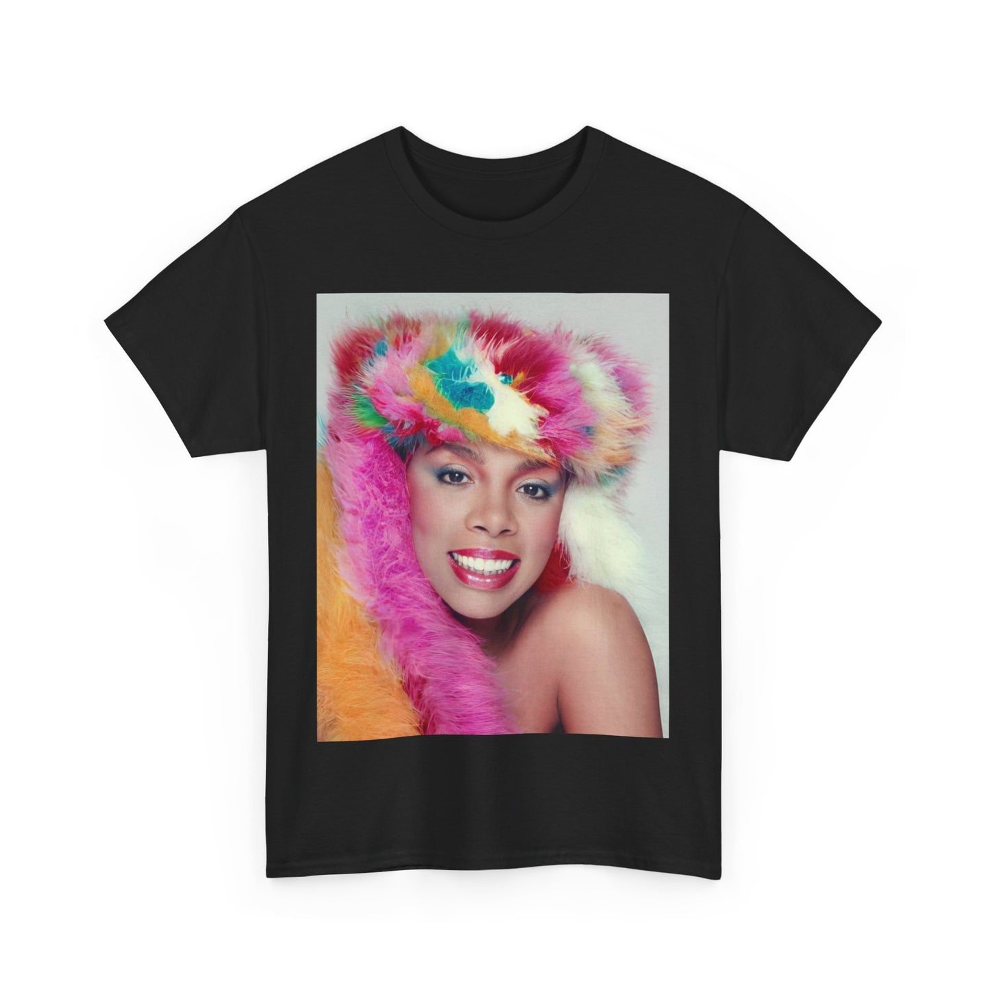 A black graphic t-shirt featuring a 70s disco pop graphic of Donna Summer.